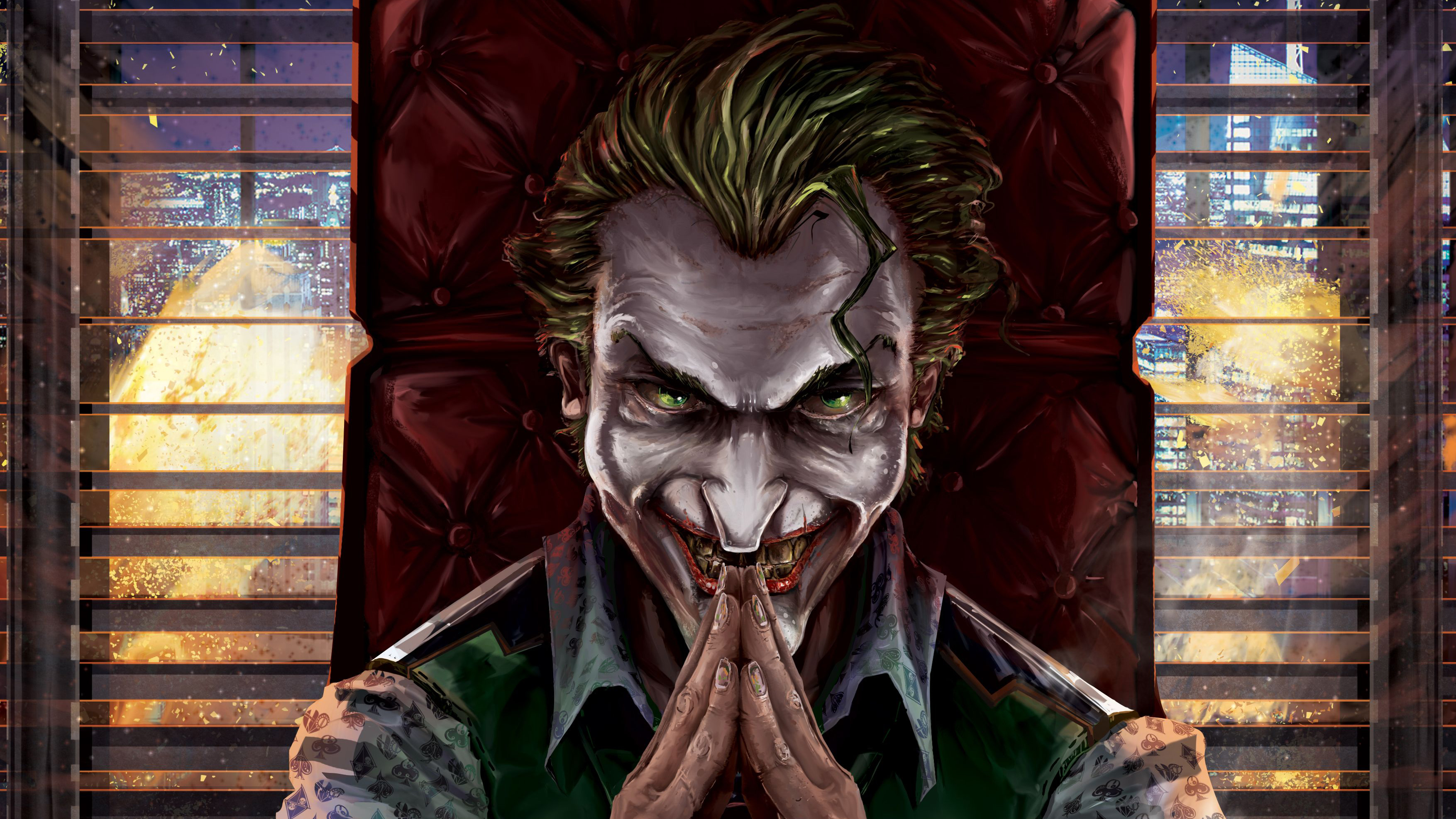 Joker sitting in a chair with city view HD Wallpaper