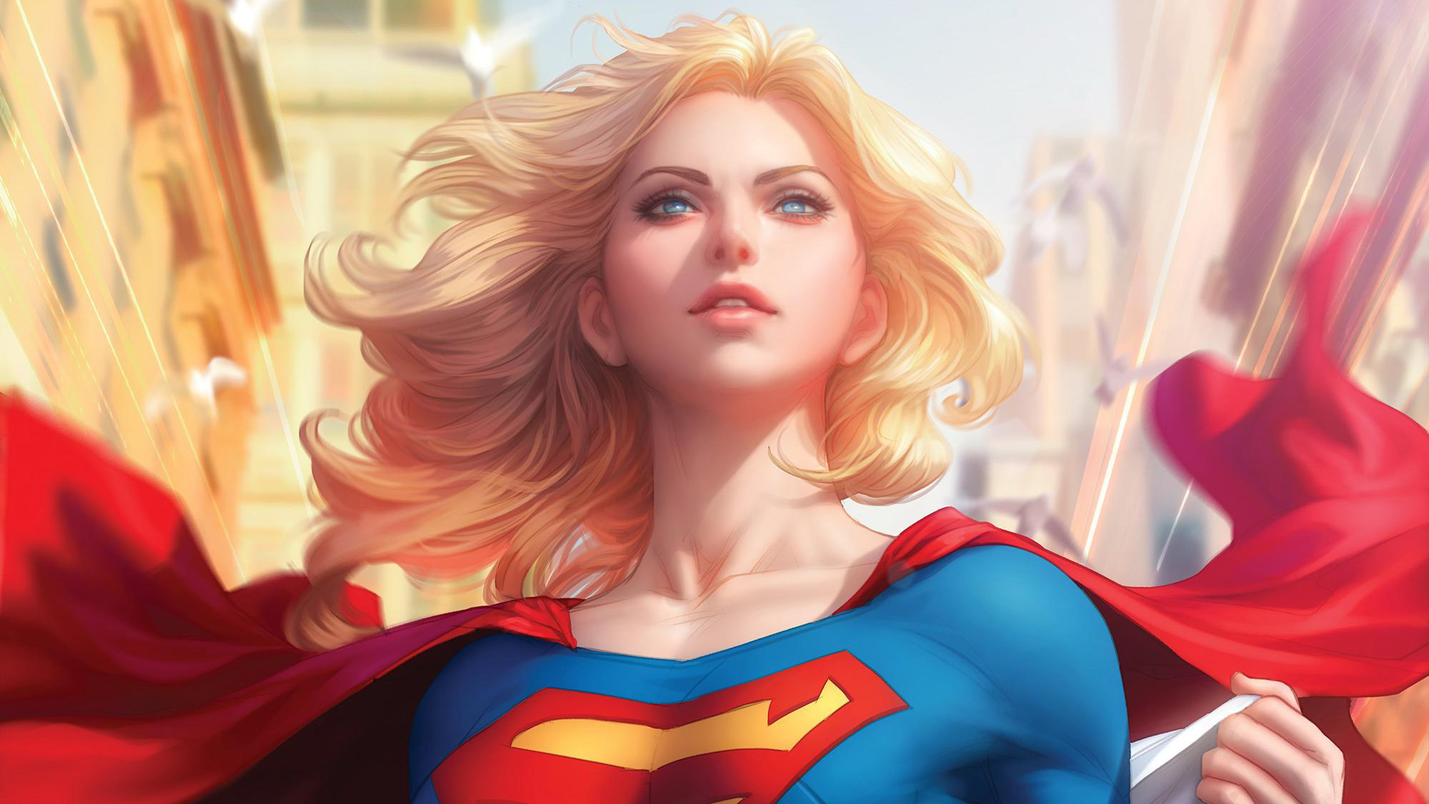 Supergirl artwork with red cape and blue suit HD Wallpaper