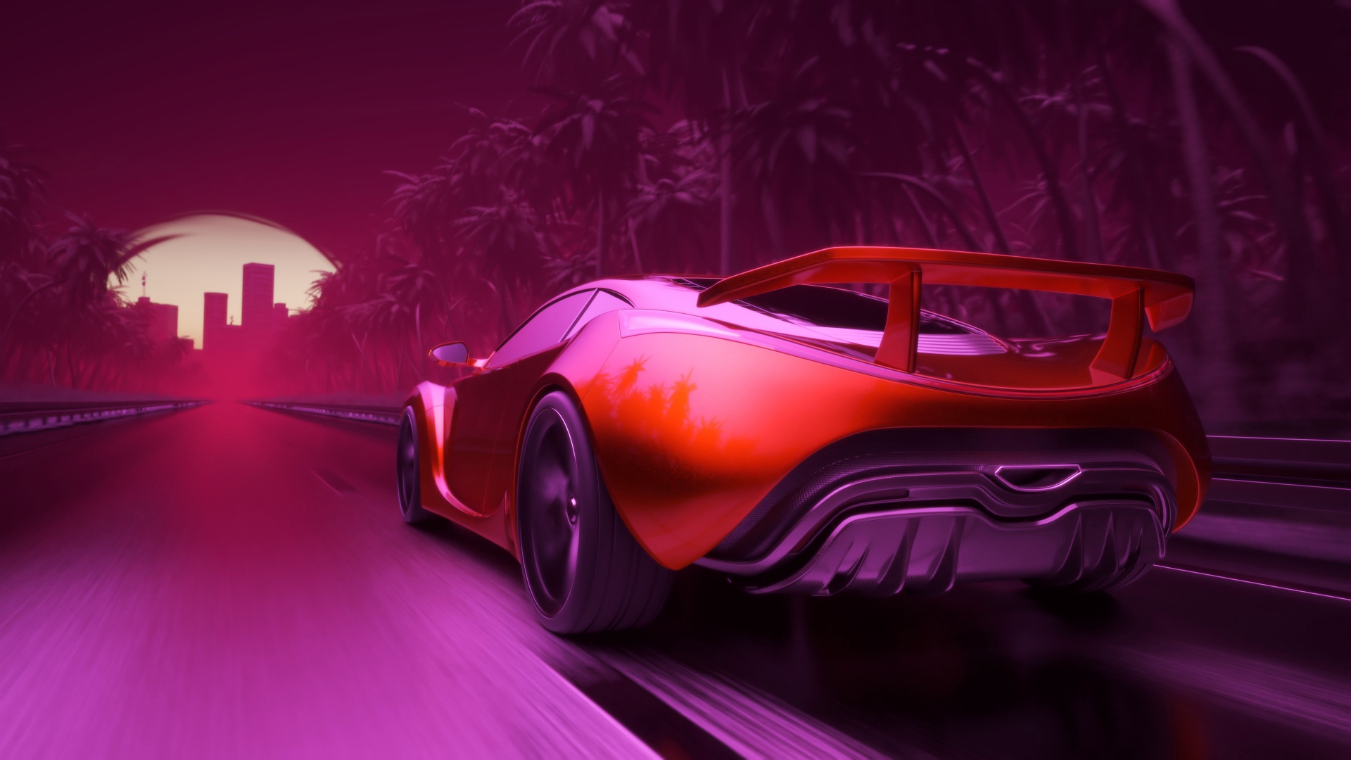 Red sports car driving towards a city skyline at sunset HD Wallpaper