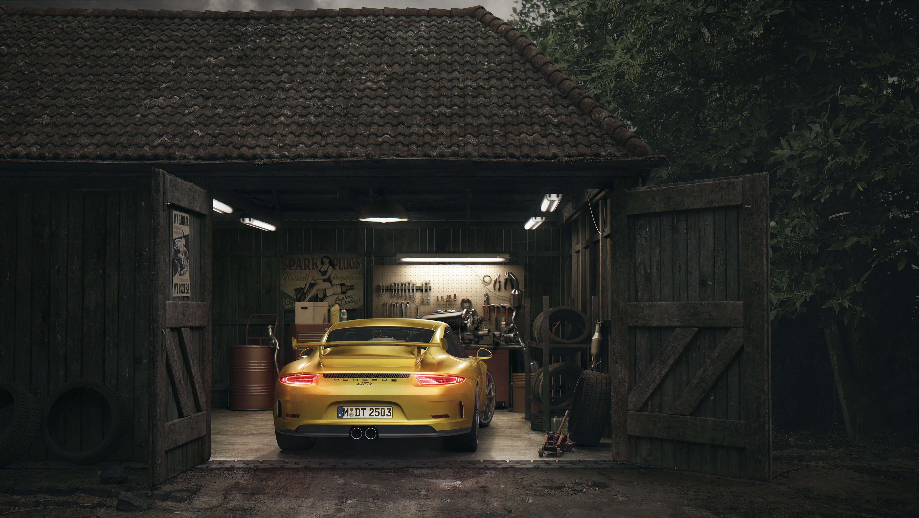 Yellow Porsche GT3 in a rustic garage HD Wallpaper