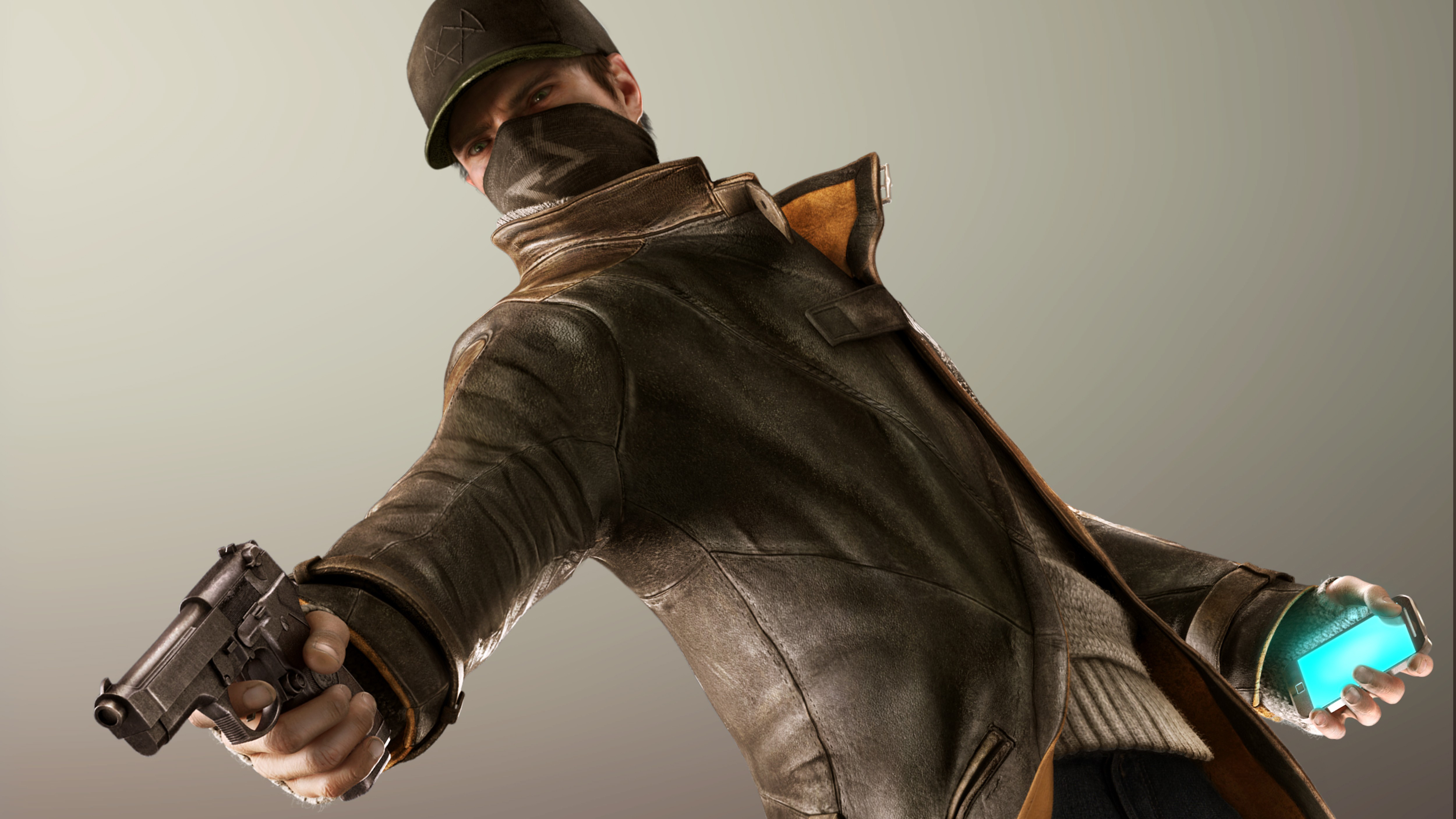 Aiden Pearce from Watch Dogs holding a gun and a device HD Wallpaper