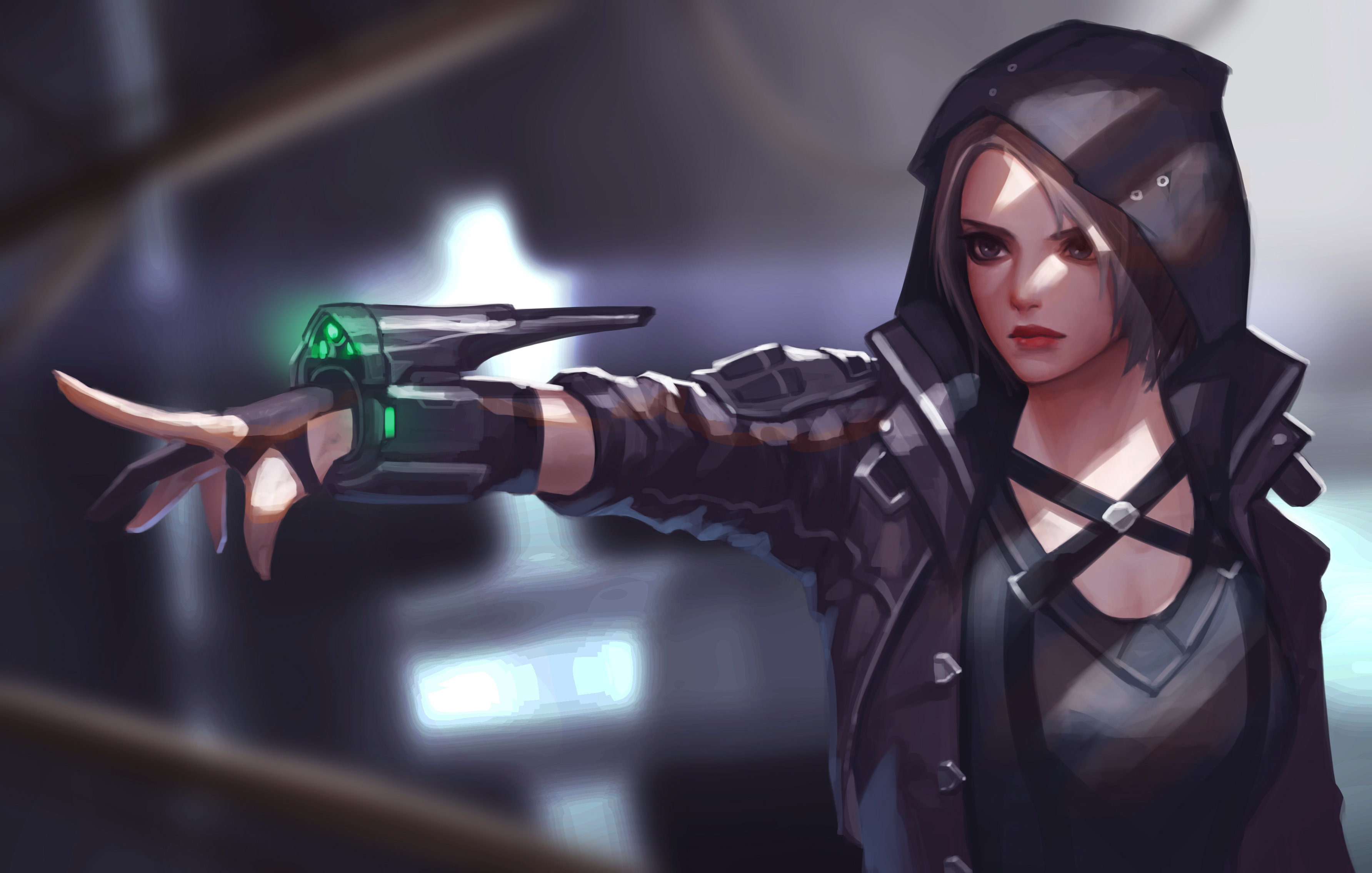 Digital Art of a Woman with a Futuristic Device HD Wallpaper