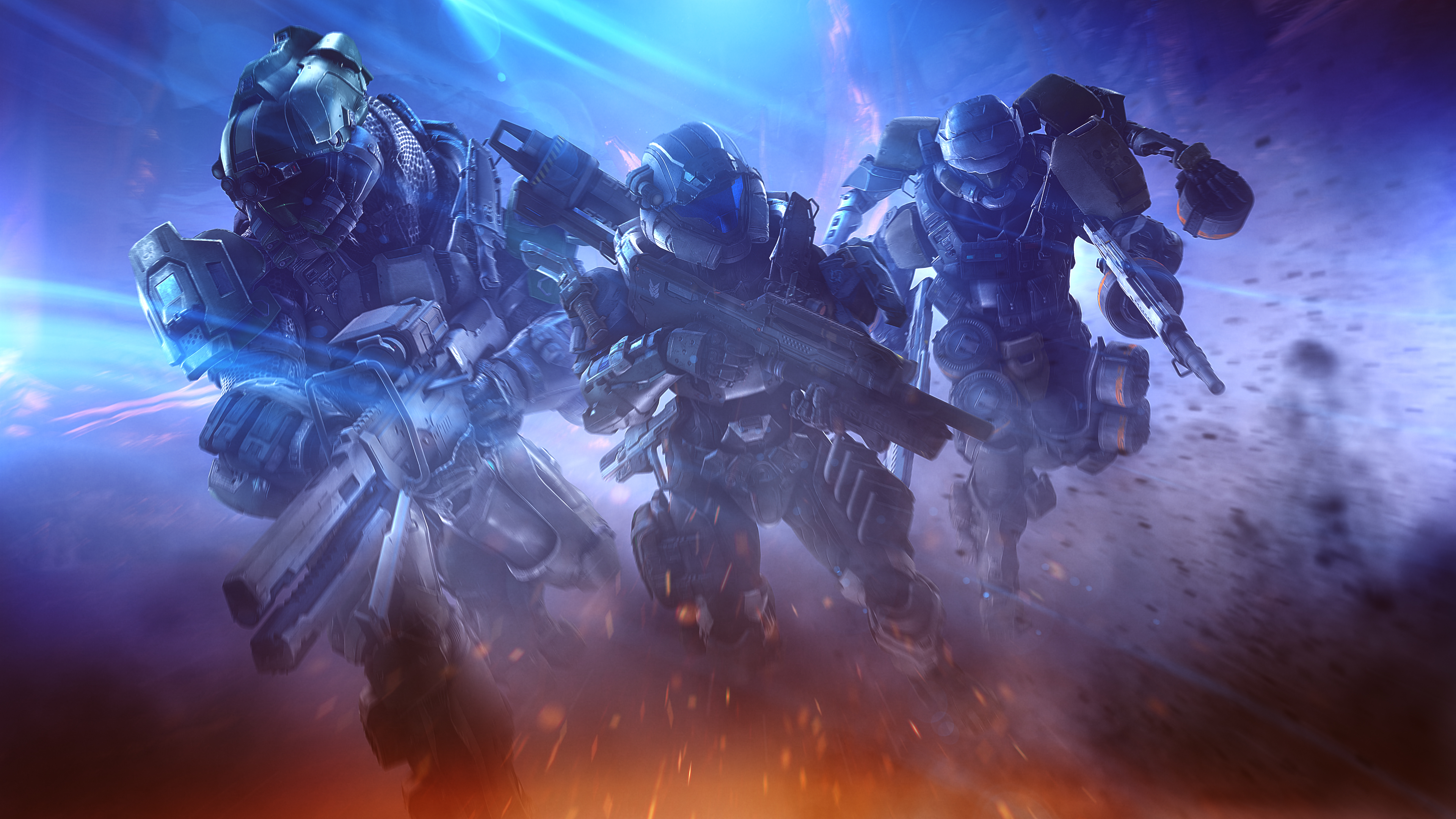 Halo 4K artwork of three Spartans in battle HD Wallpaper