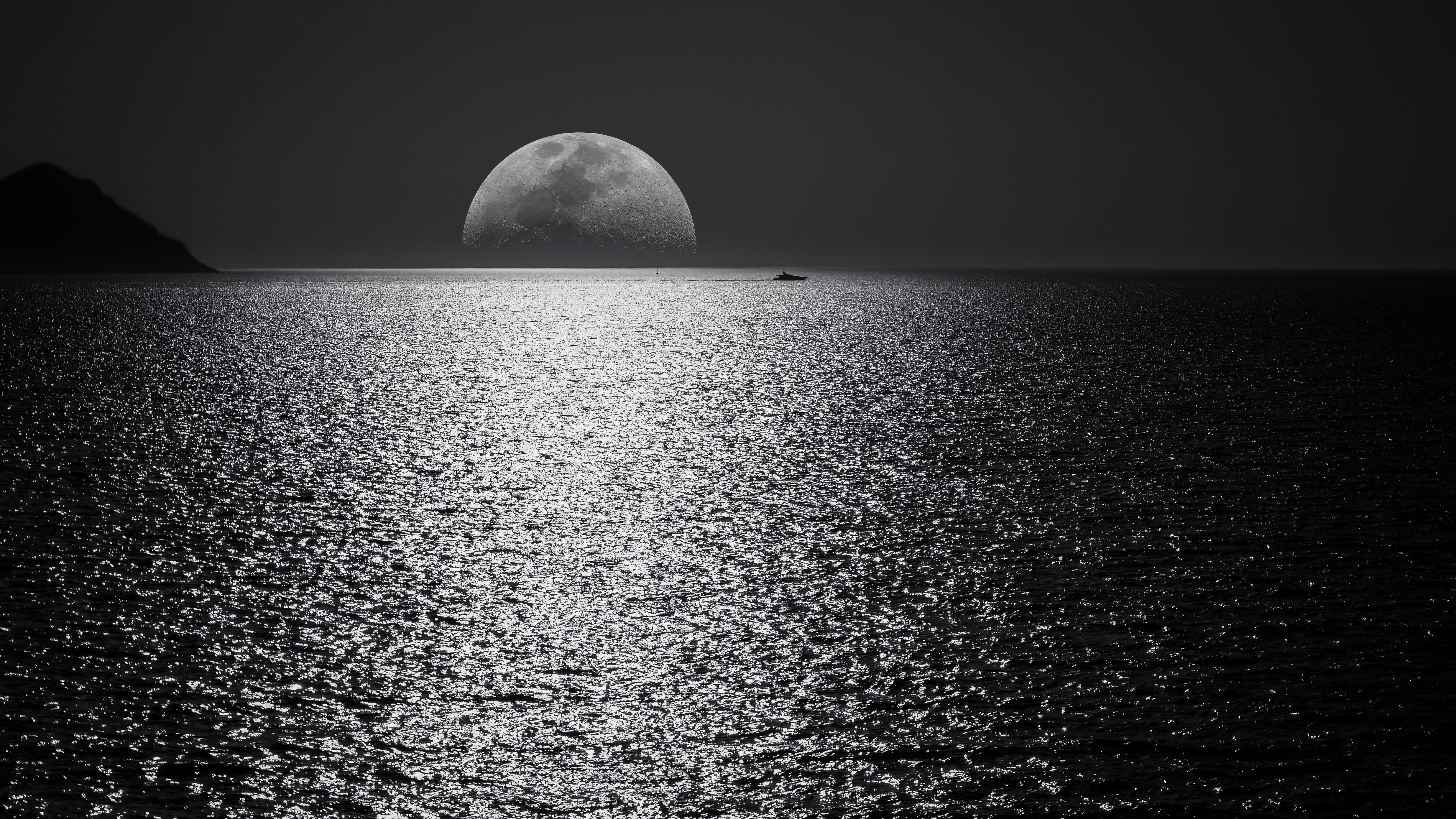 Moon over the ocean with a boat HD Wallpaper