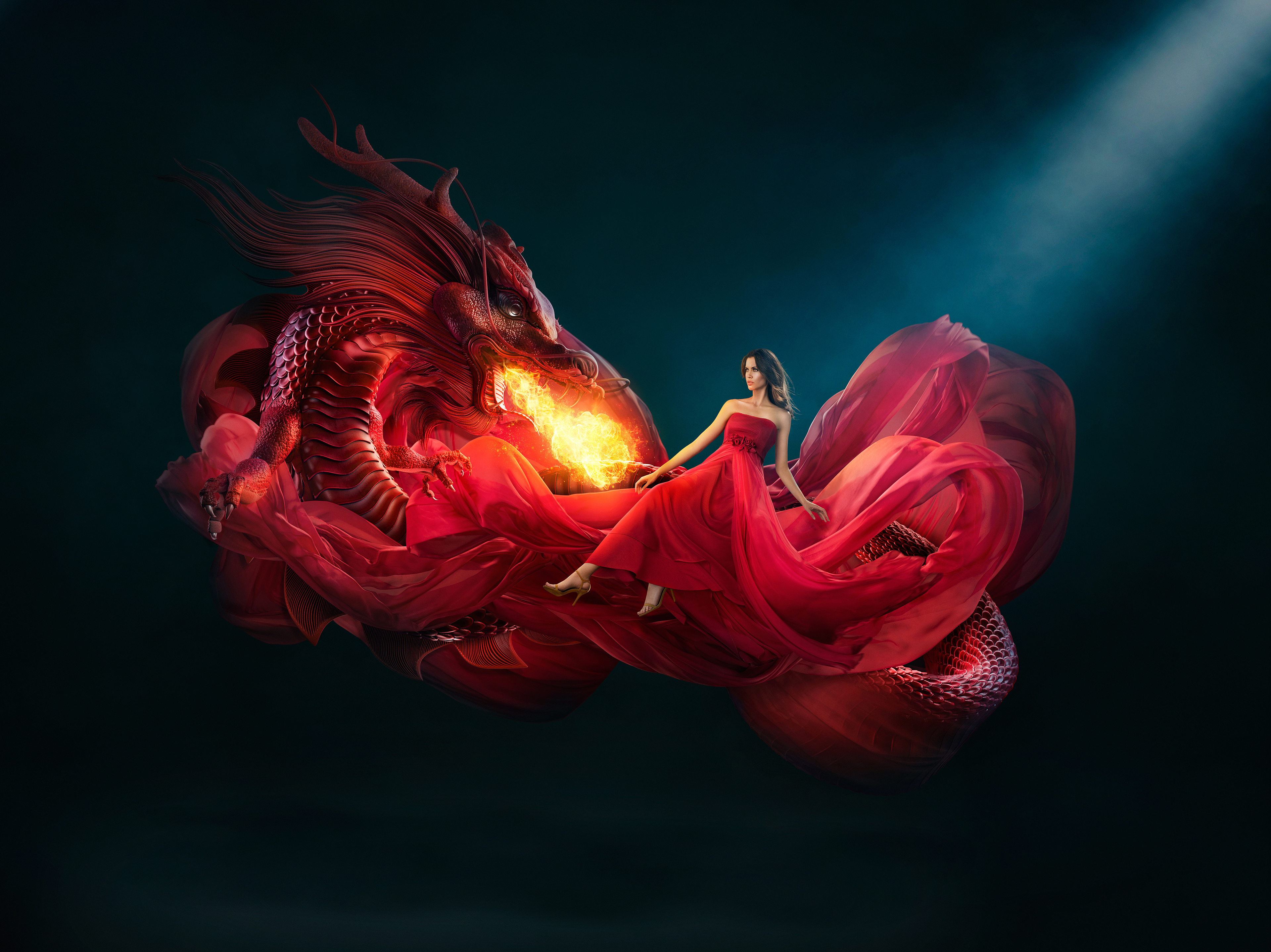 Digital Art of a Dragon and a Woman in Red HD Wallpaper