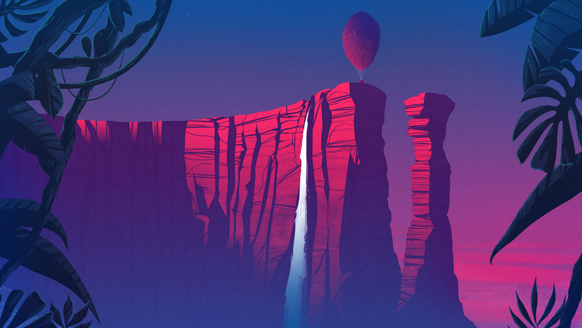 Digital artwork of a waterfall on a cliff with a balloon tree HD Wallpaper