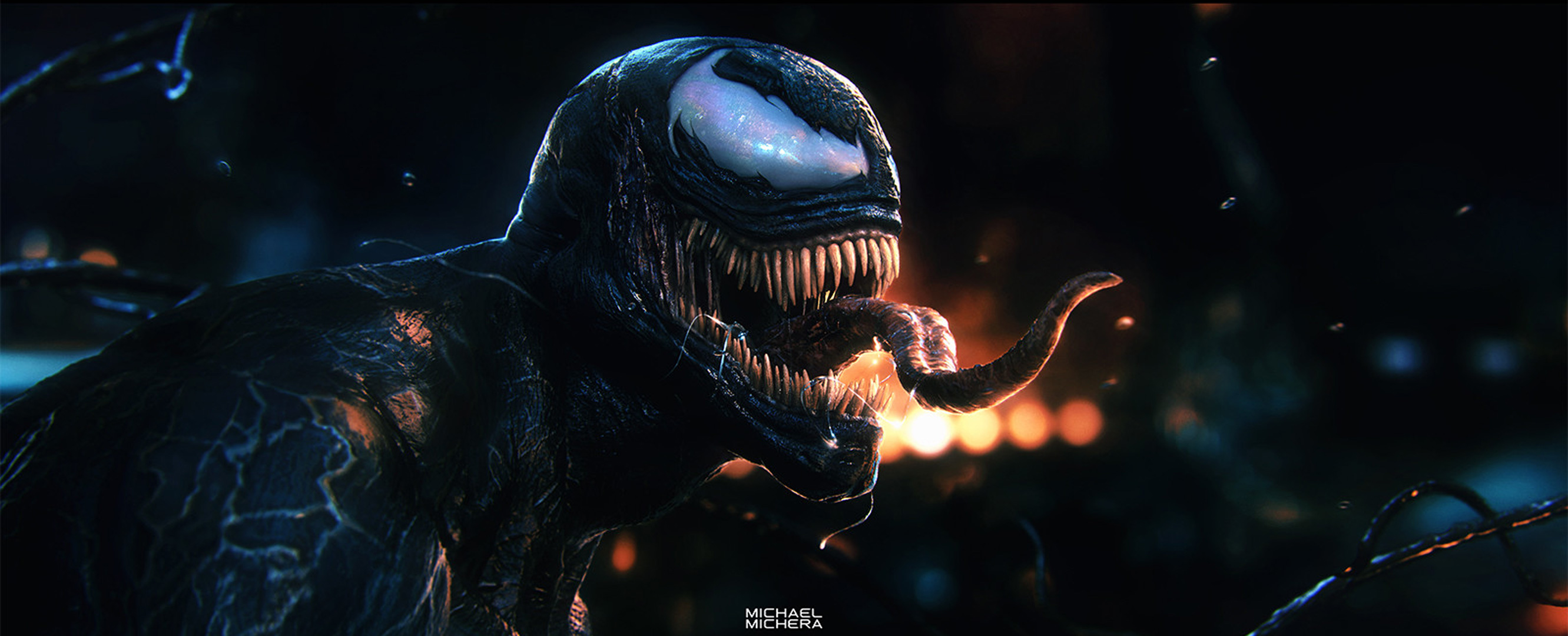 Venom with tongue out in dark city HD Wallpaper