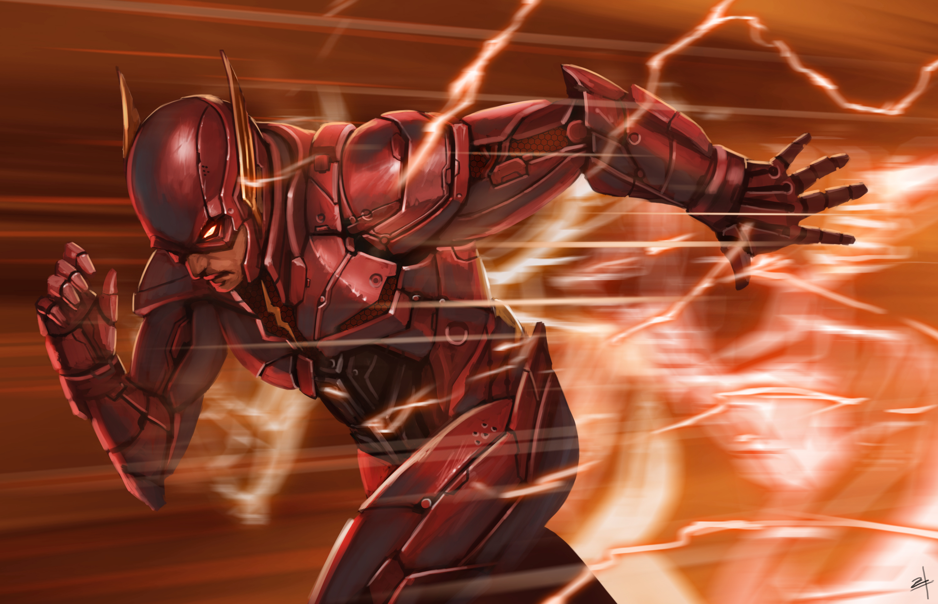 The Flash in a red armored suit running HD Wallpaper