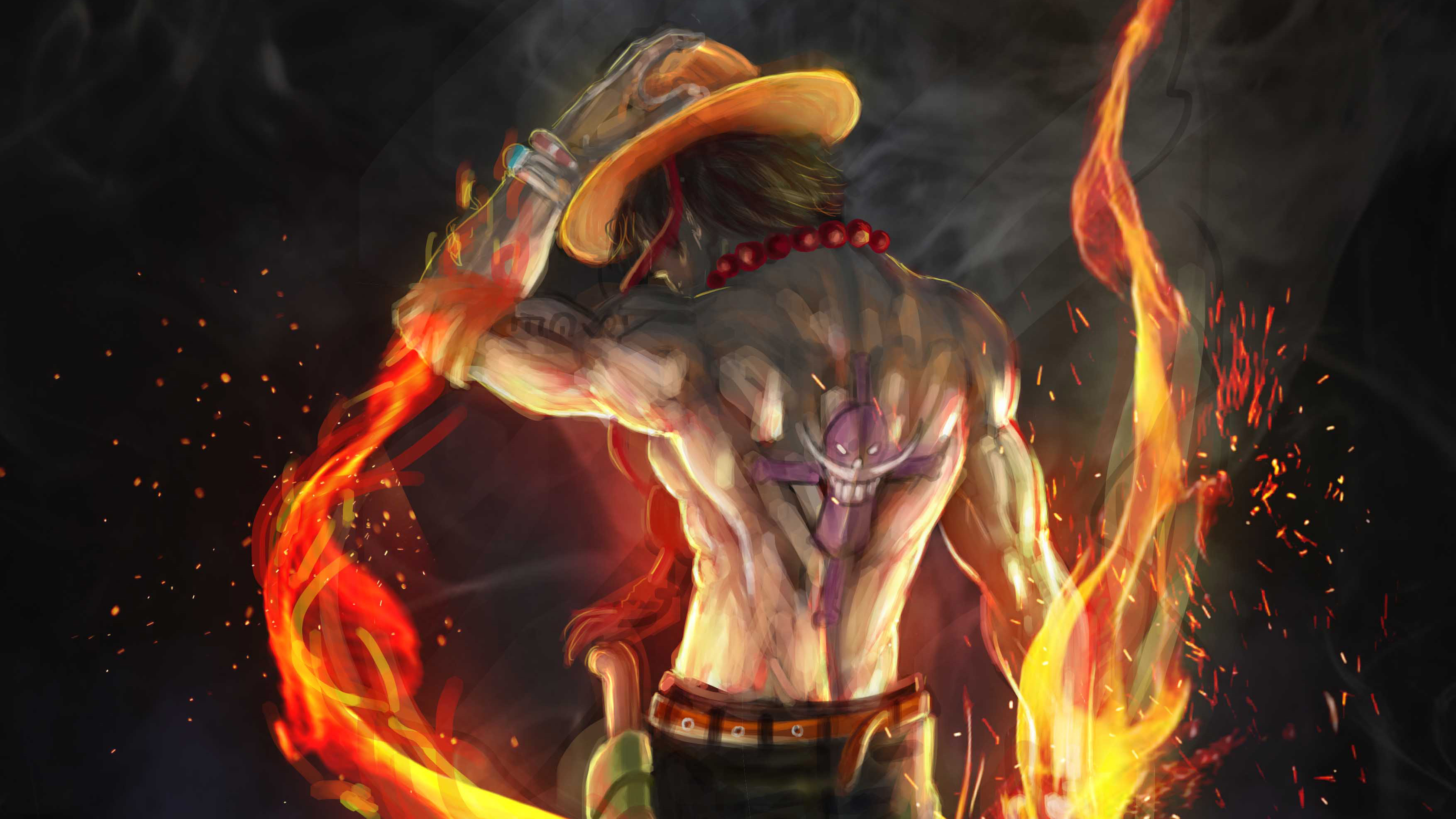 Portgas D. Ace with Whitebeard tattoo surrounded by flames HD Wallpaper