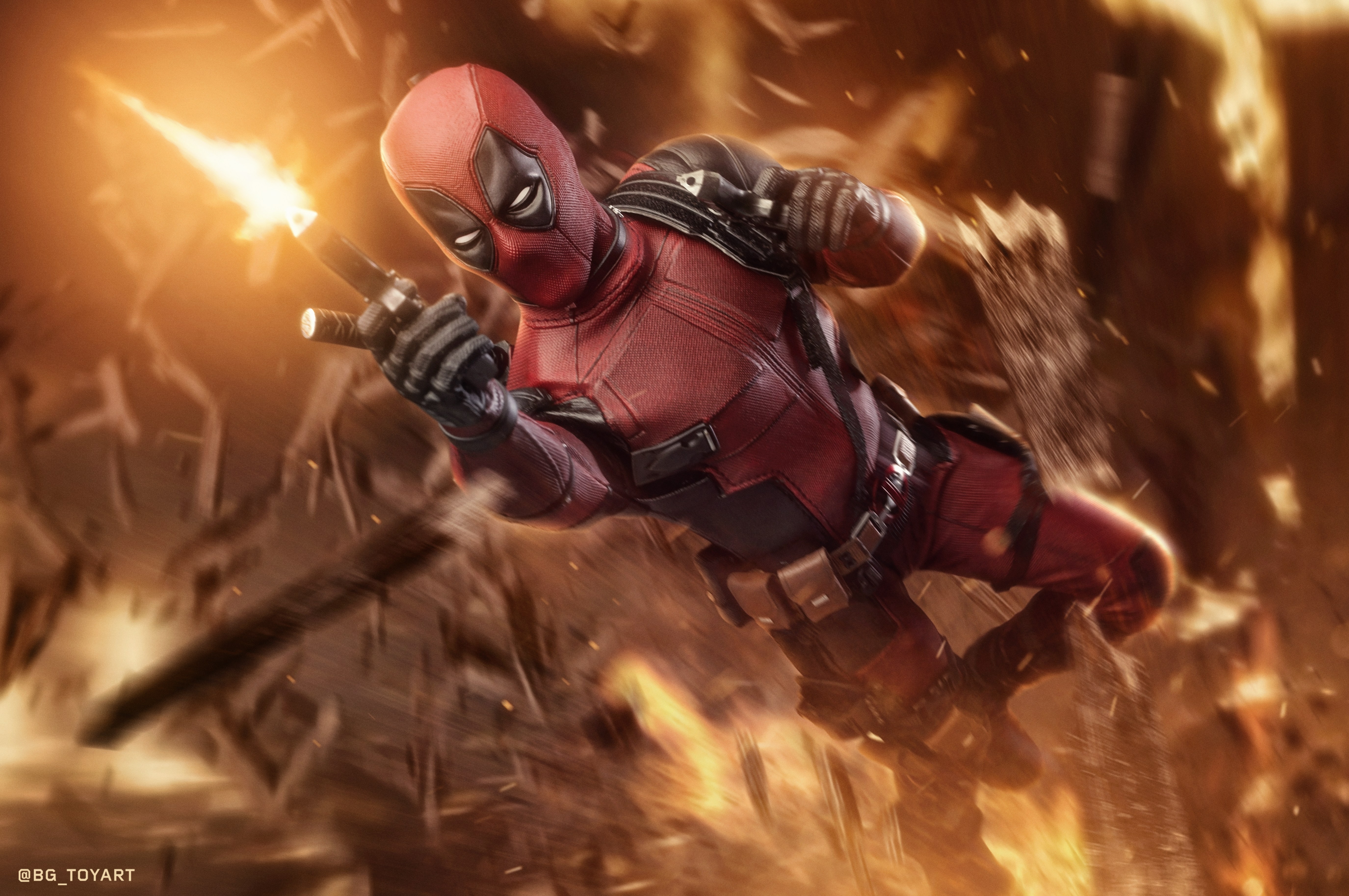 Deadpool in action with explosions HD Wallpaper