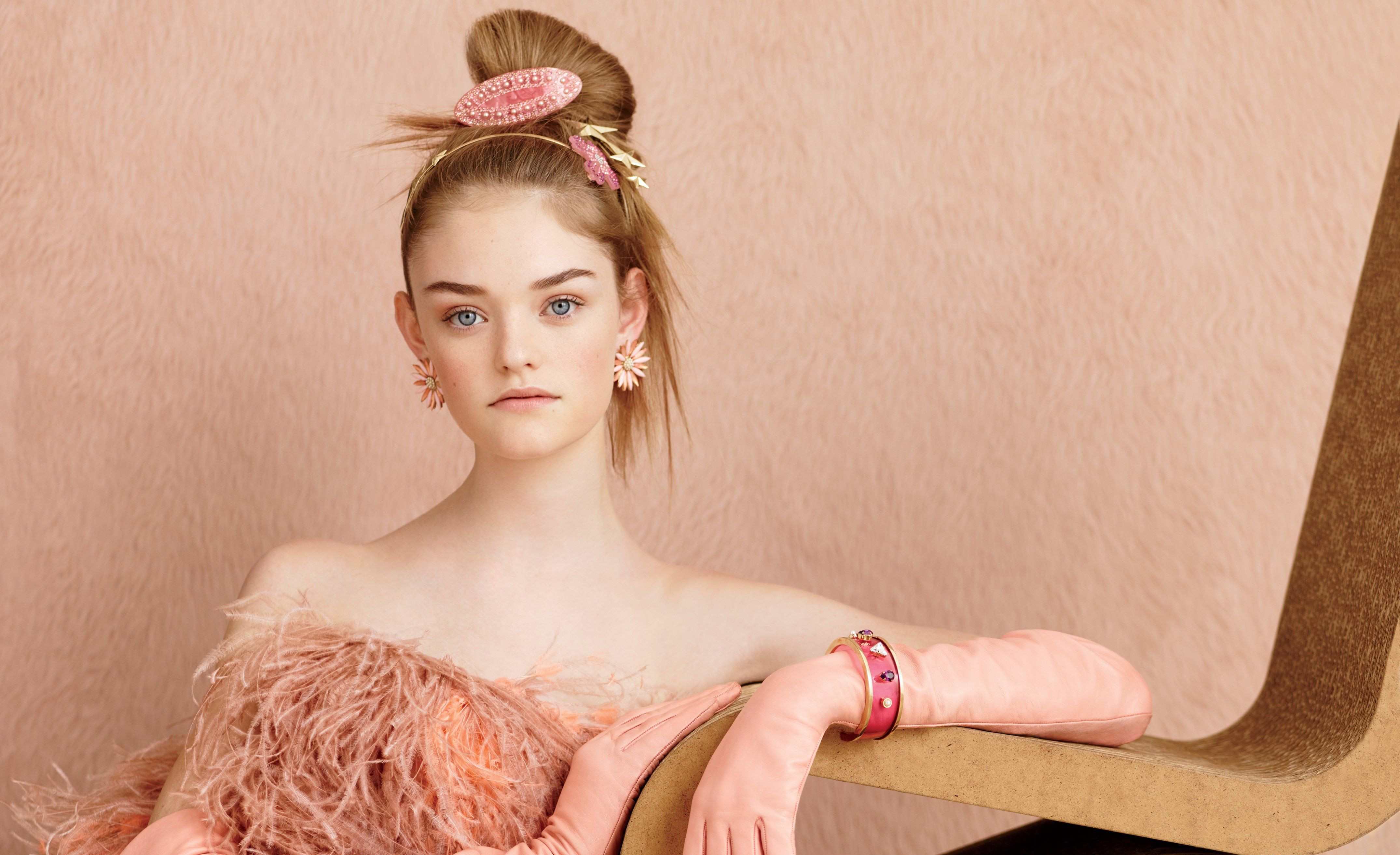 Girl with pink accessories and feather dress HD Wallpaper