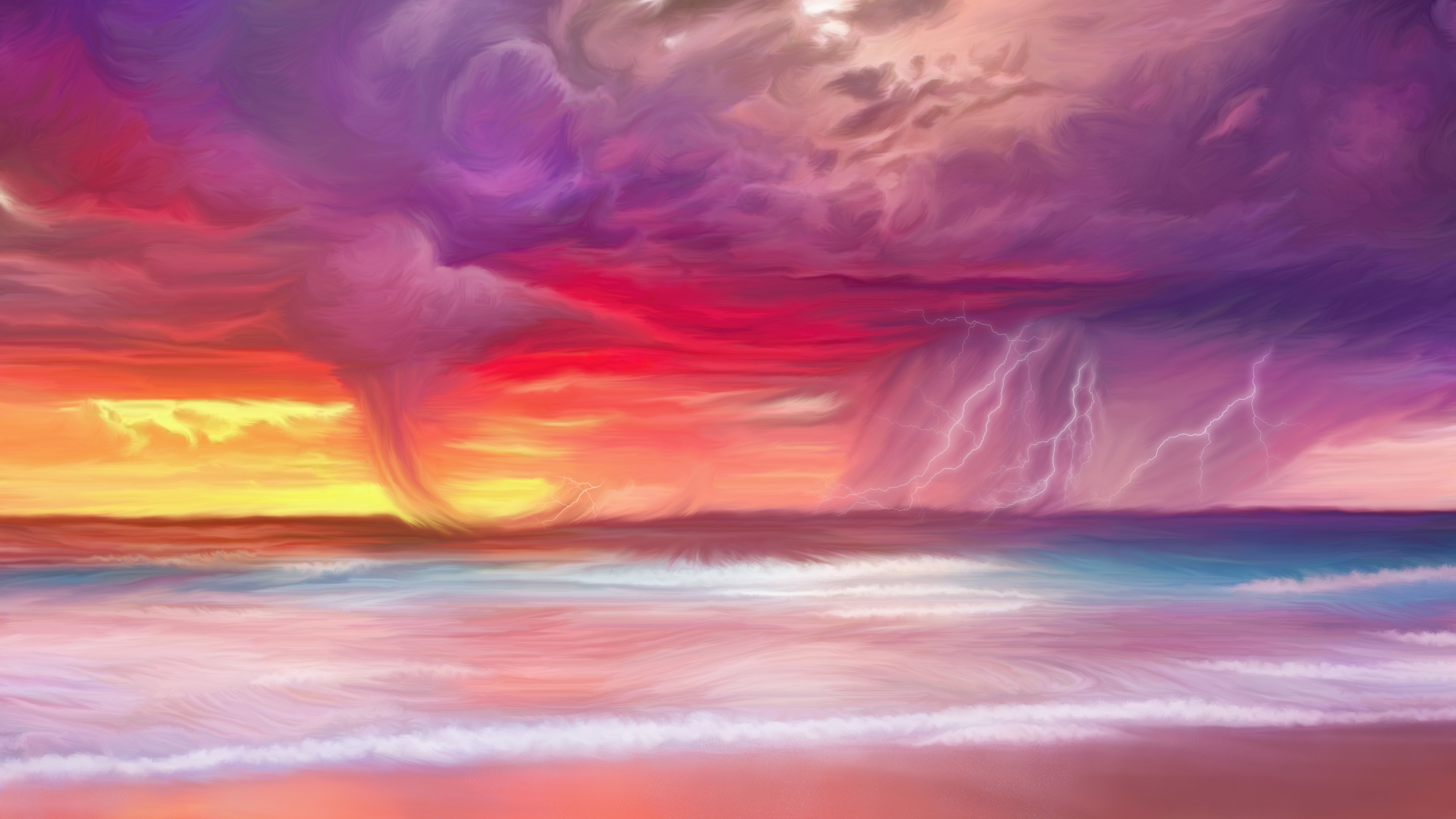 Digital painting of a stormy ocean with lightning HD Wallpaper