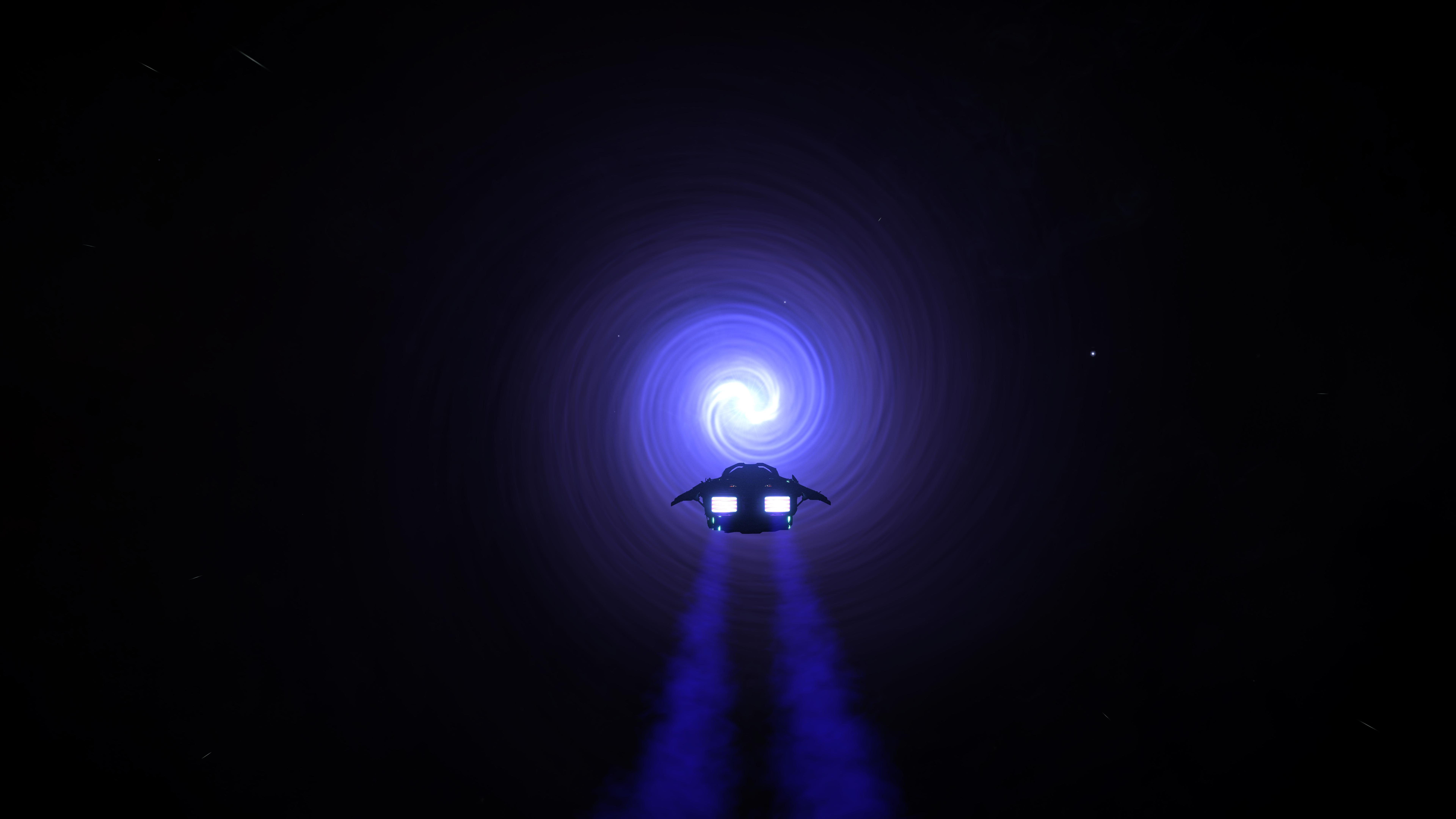 Spaceship approaching a swirling blue nebula HD Wallpaper