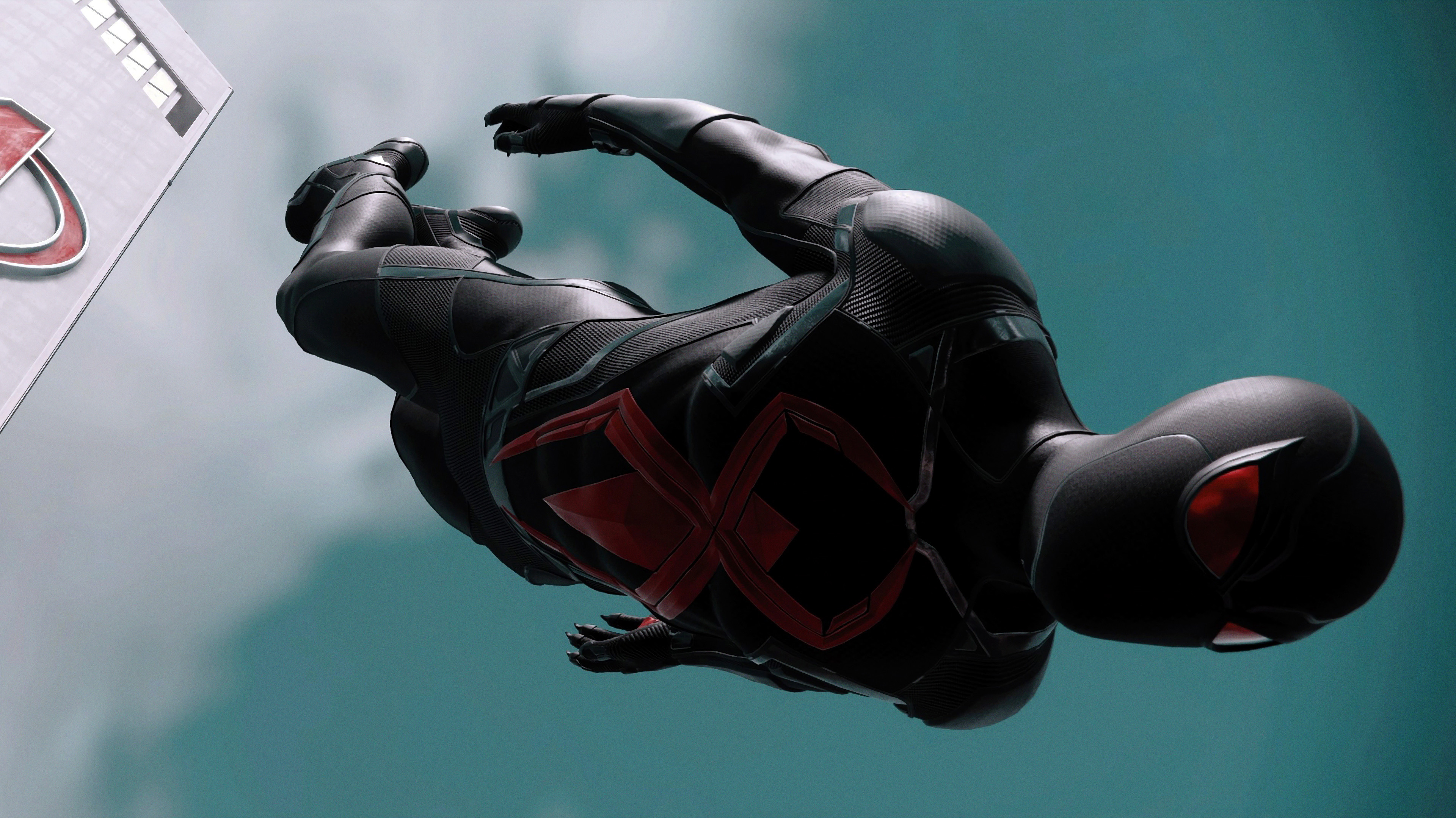 Spider-Man in a black and red suit flying HD Wallpaper