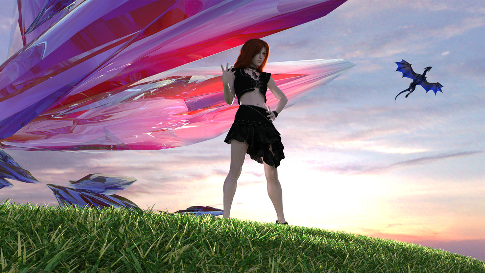 Fantasy woman and dragon in a surreal landscape HD Wallpaper