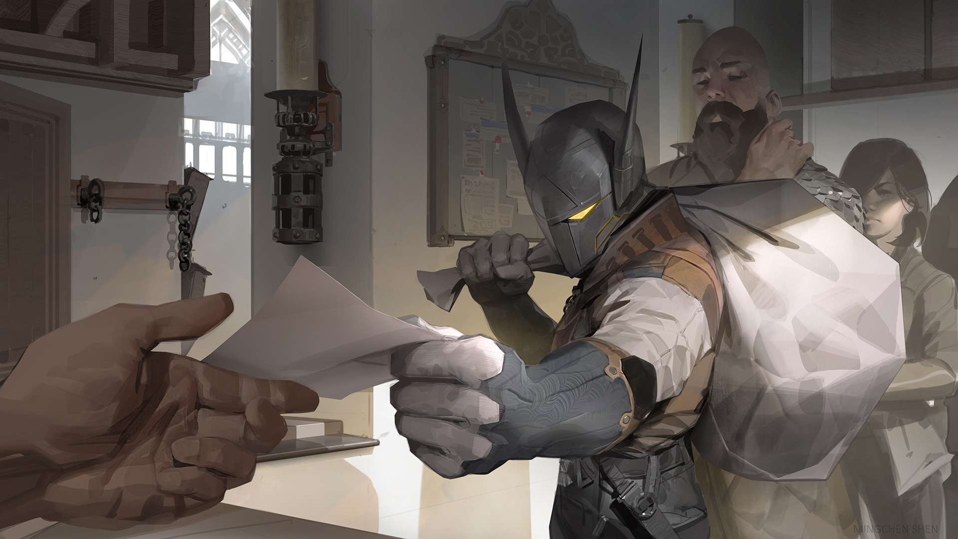 Man in Bat-like Armor Receives Document HD Wallpaper