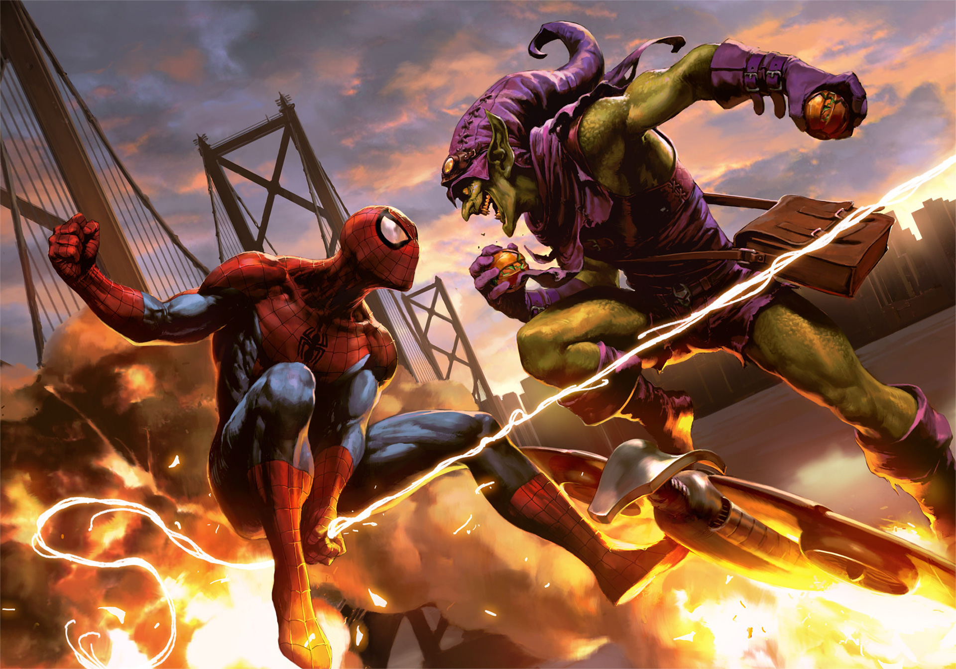 Spider-Man and Green Goblin fight on a bridge HD Wallpaper