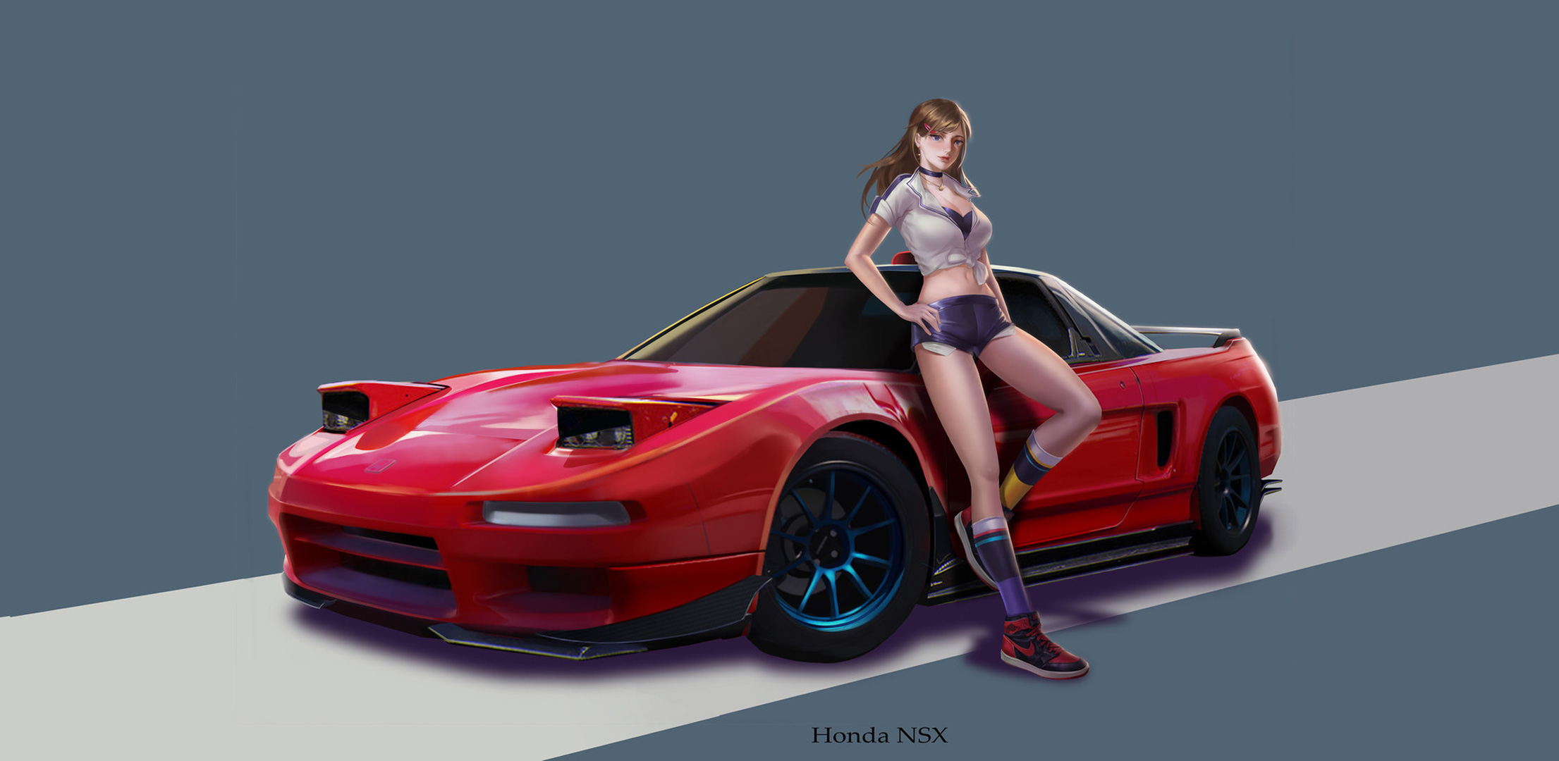 Anime girl leaning on a red Honda NSX HD Wallpaper