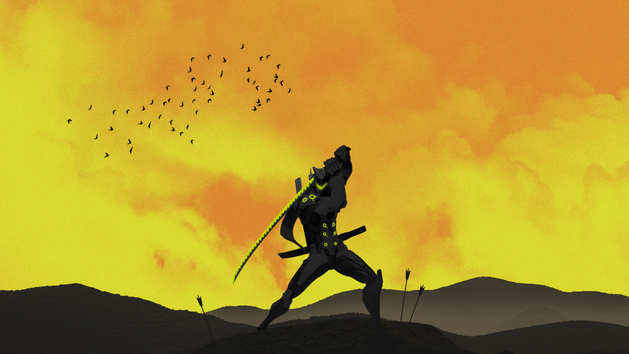 Genji with Katana and Birds in Sunset HD Wallpaper