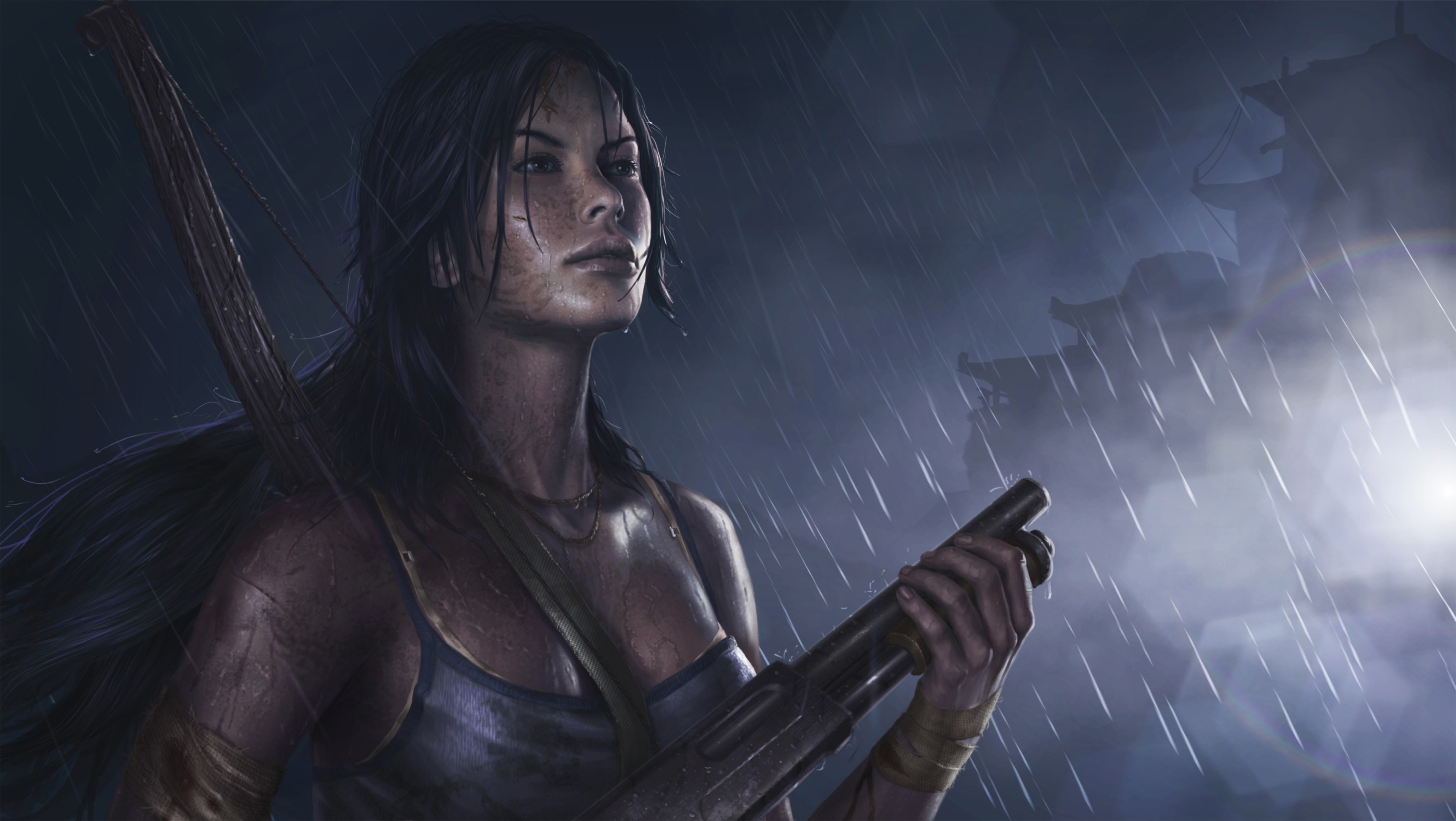 Lara Croft with shotgun and bow in the rain HD Wallpaper