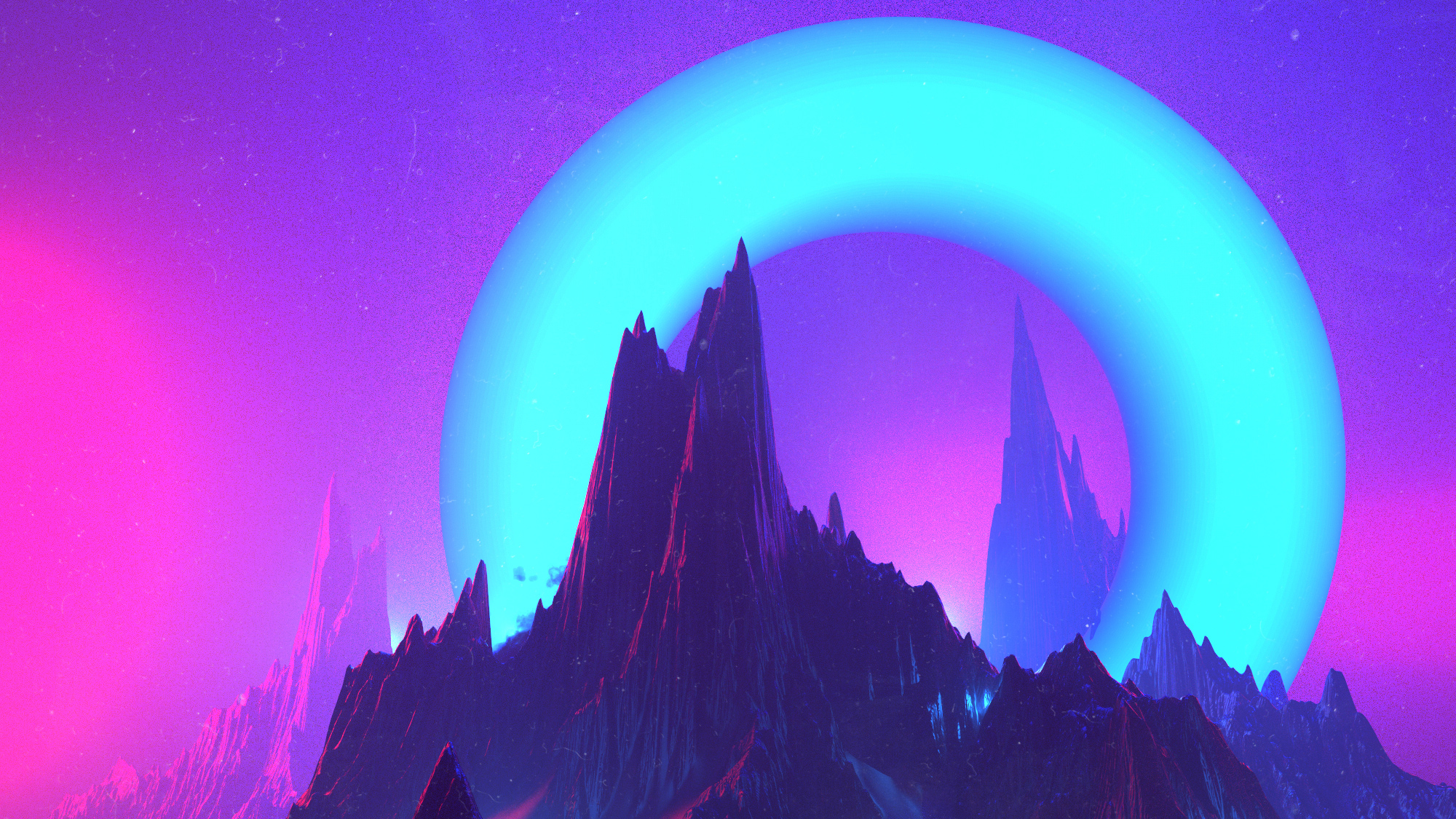 Digital art illustration of a neon ring over mountains HD Wallpaper