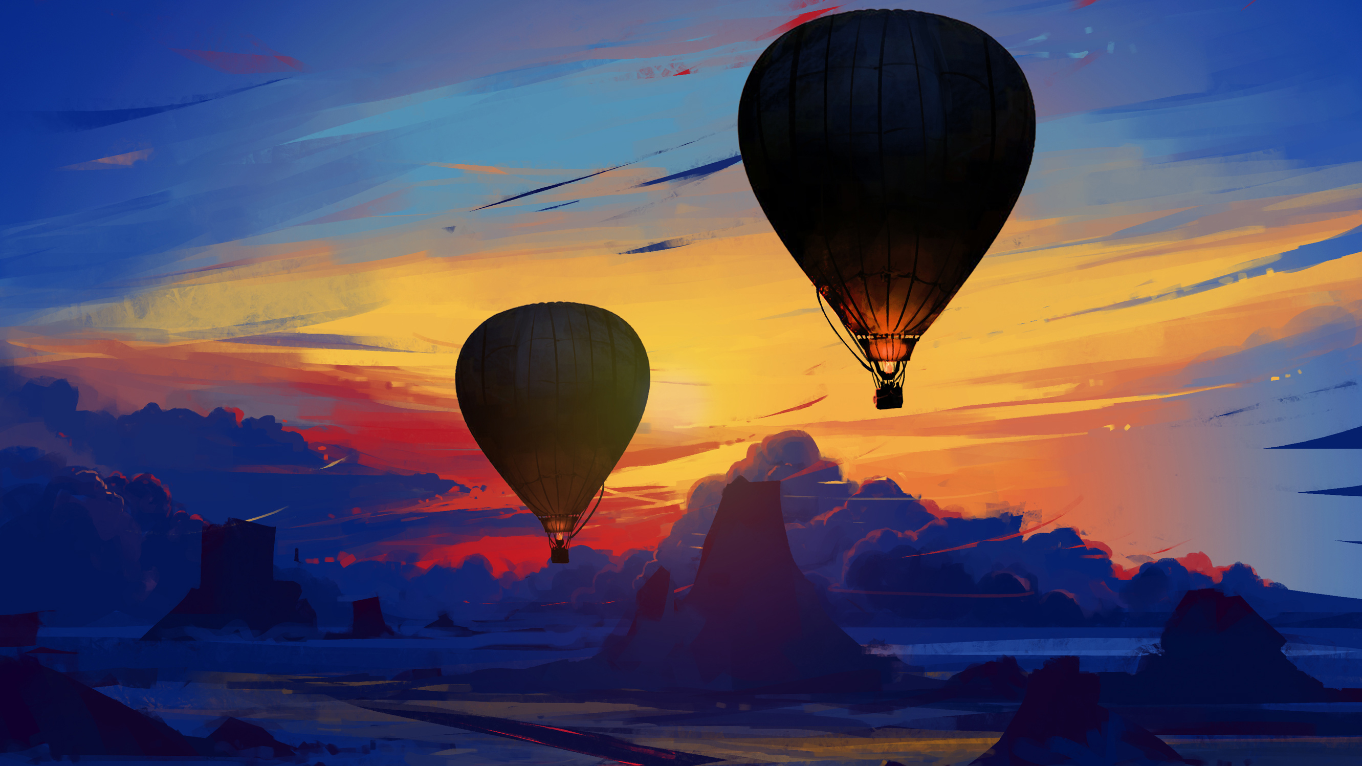 Two hot air balloons flying at sunset HD Wallpaper