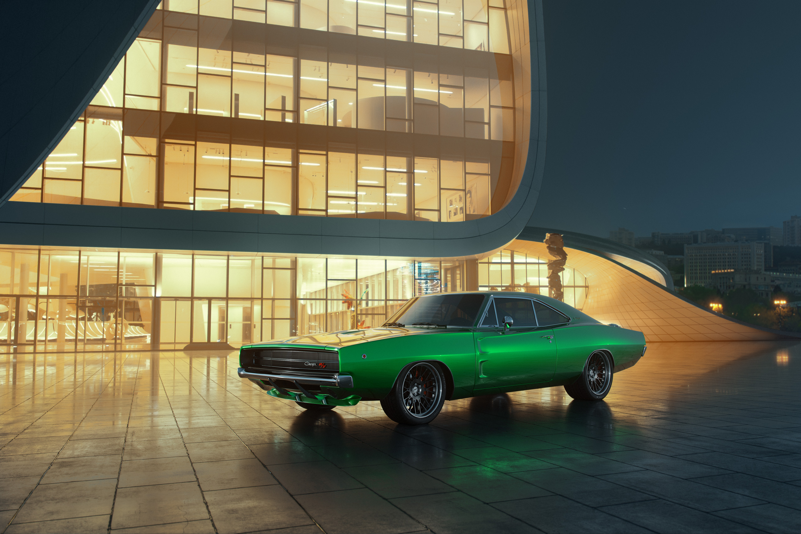 Green Dodge Charger parked in front of a modern building HD Wallpaper