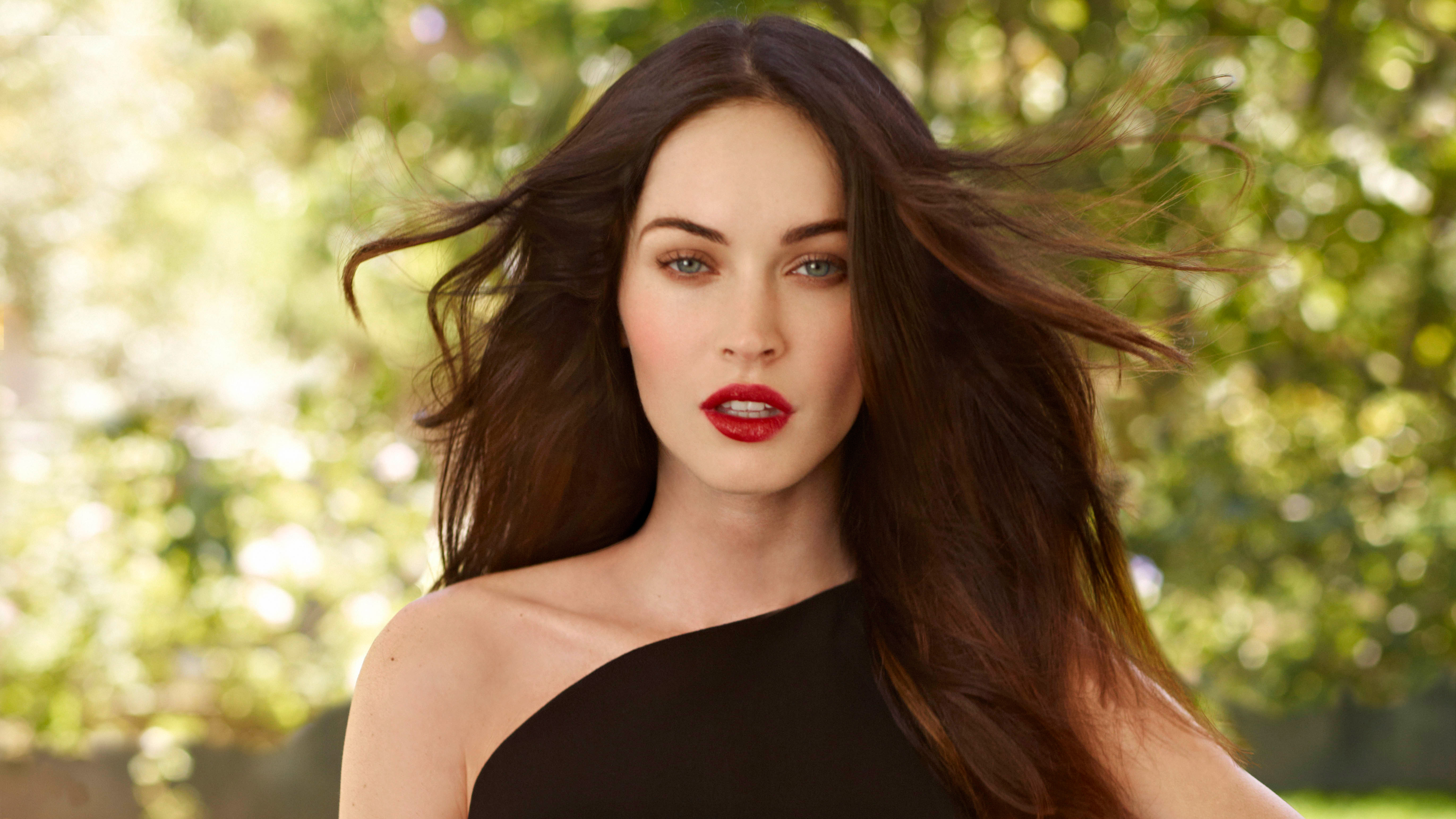 Megan Fox in black dress with red lipstick HD Wallpaper