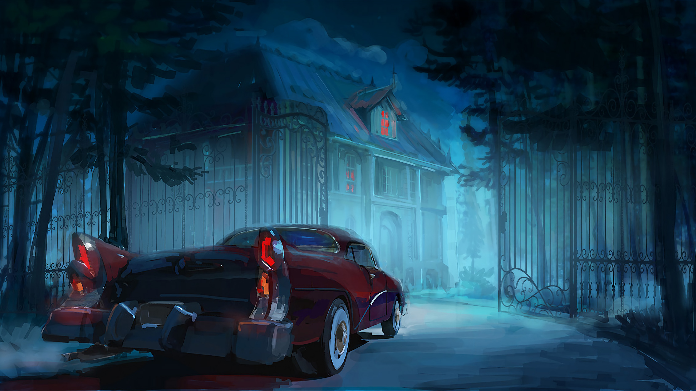 Vintage car arriving at a spooky mansion at night HD Wallpaper