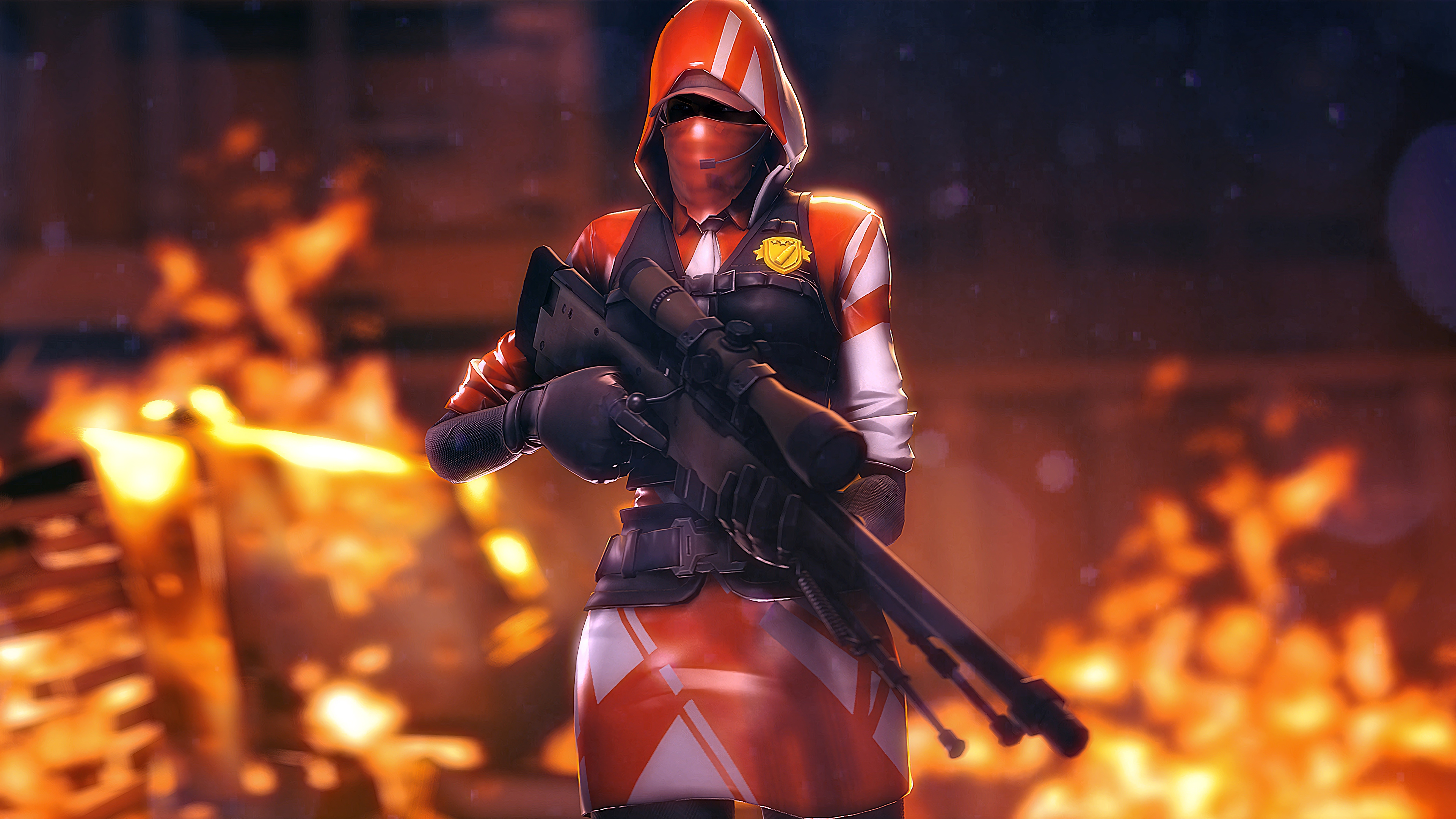 Fortnite character with sniper rifle in front of fire HD Wallpaper