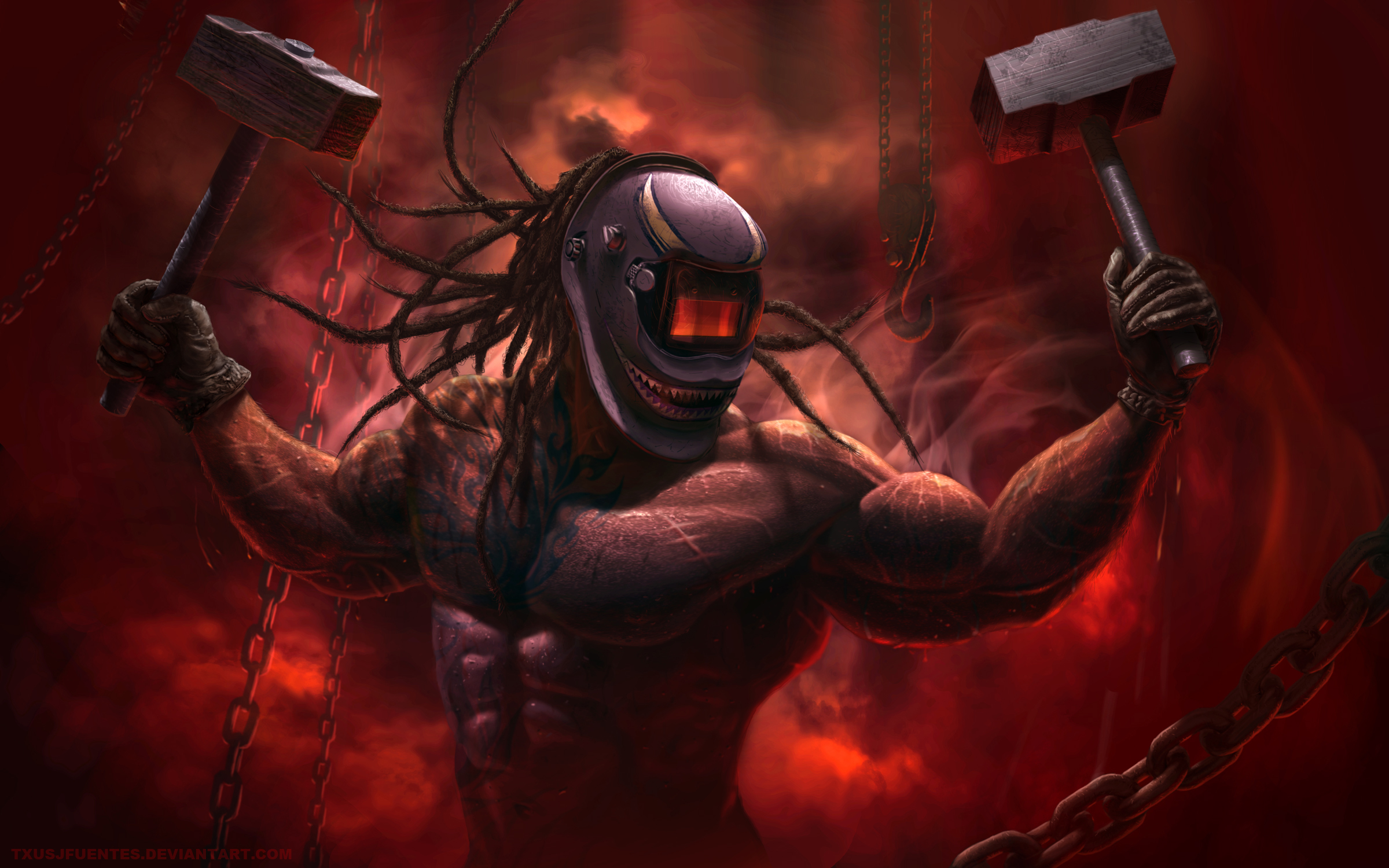 Digital Art of a Muscular Figure with Hammers HD Wallpaper