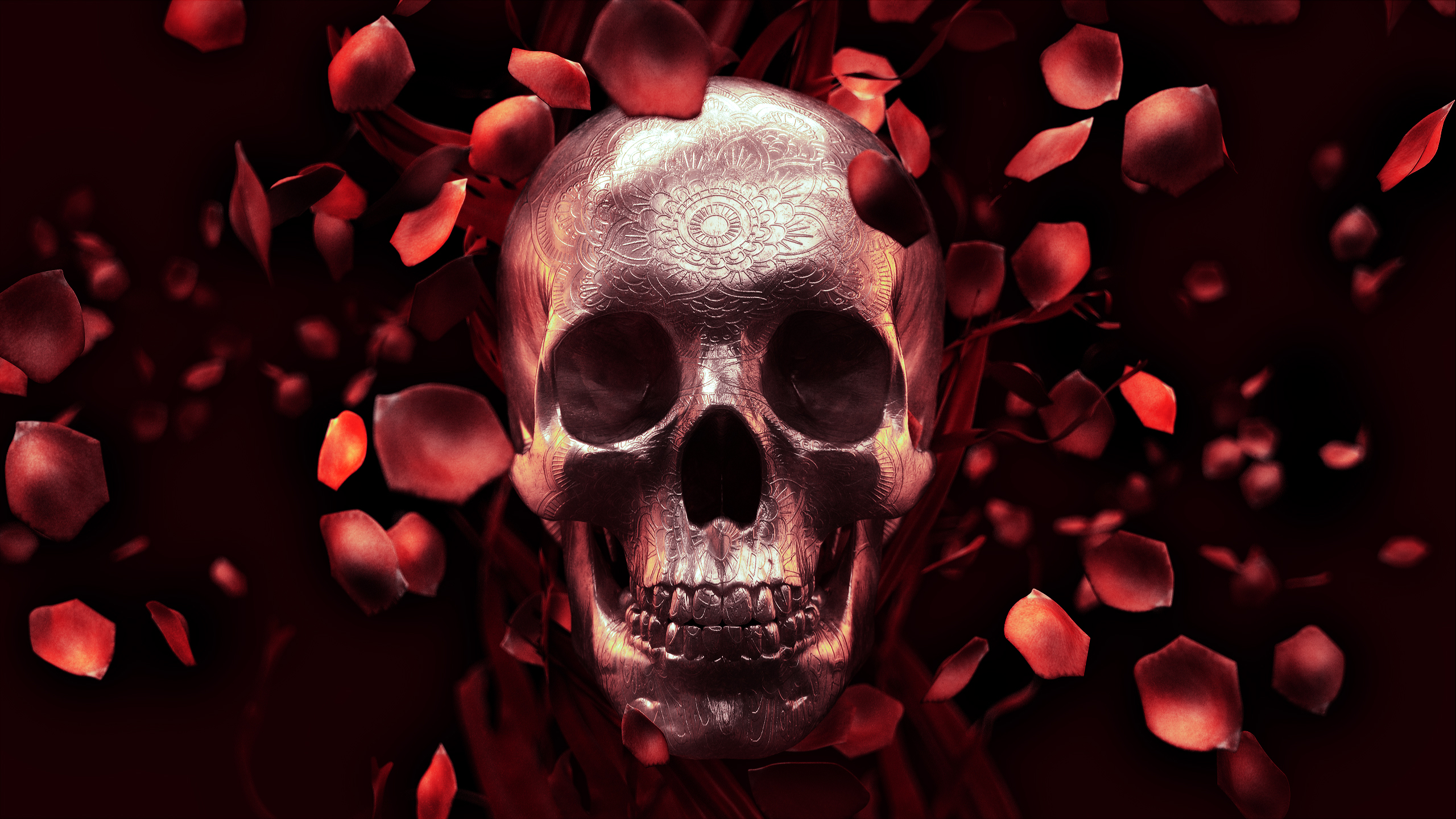 Ornate Skull Surrounded by Red Rose Petals HD Wallpaper