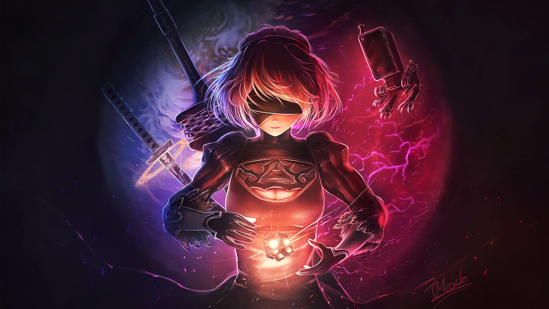 Artwork of 2B from Nier: Automata with swords and a cube HD Wallpaper