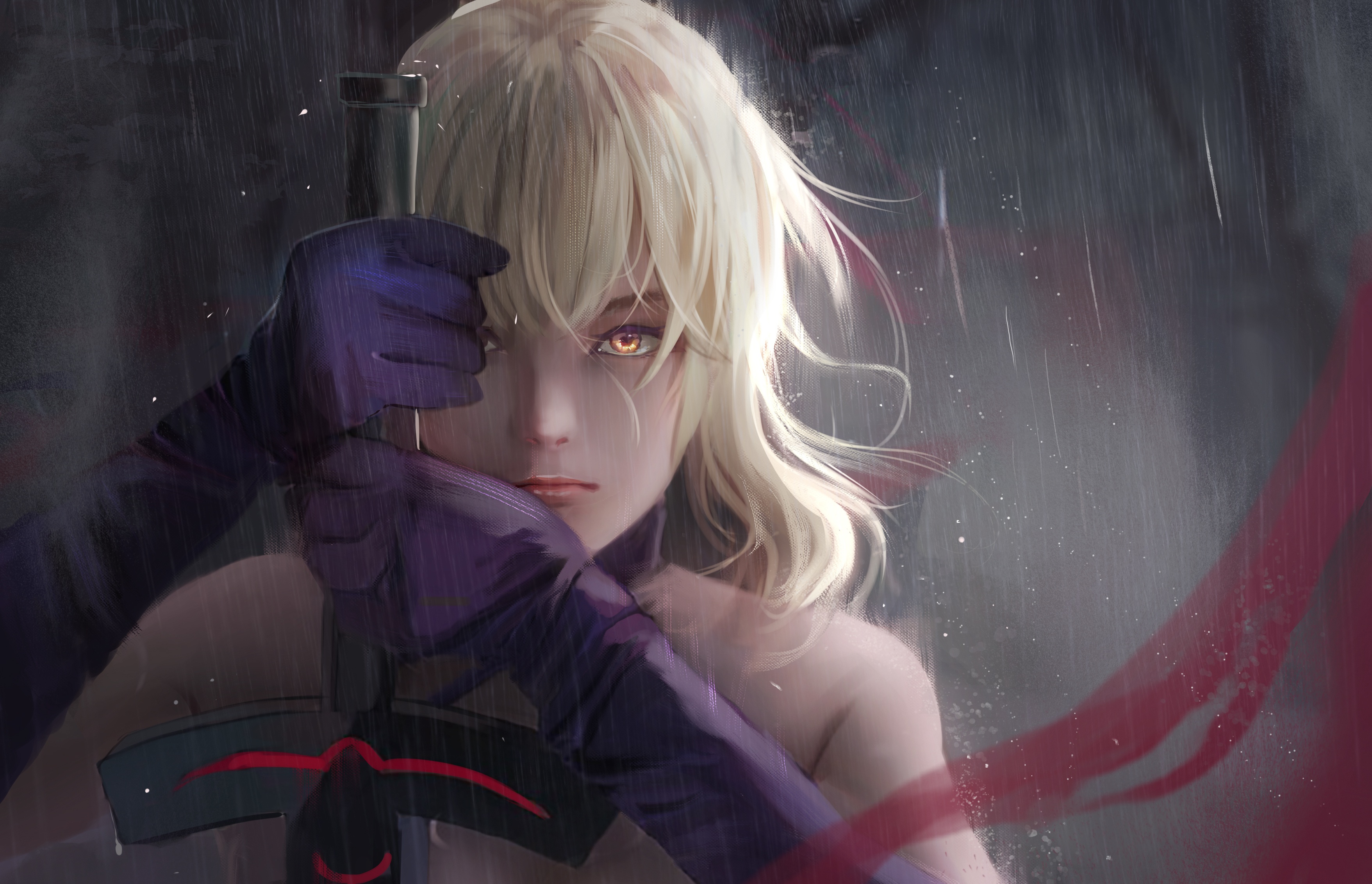 Artwork of a blonde woman holding a sword in the rain HD Wallpaper