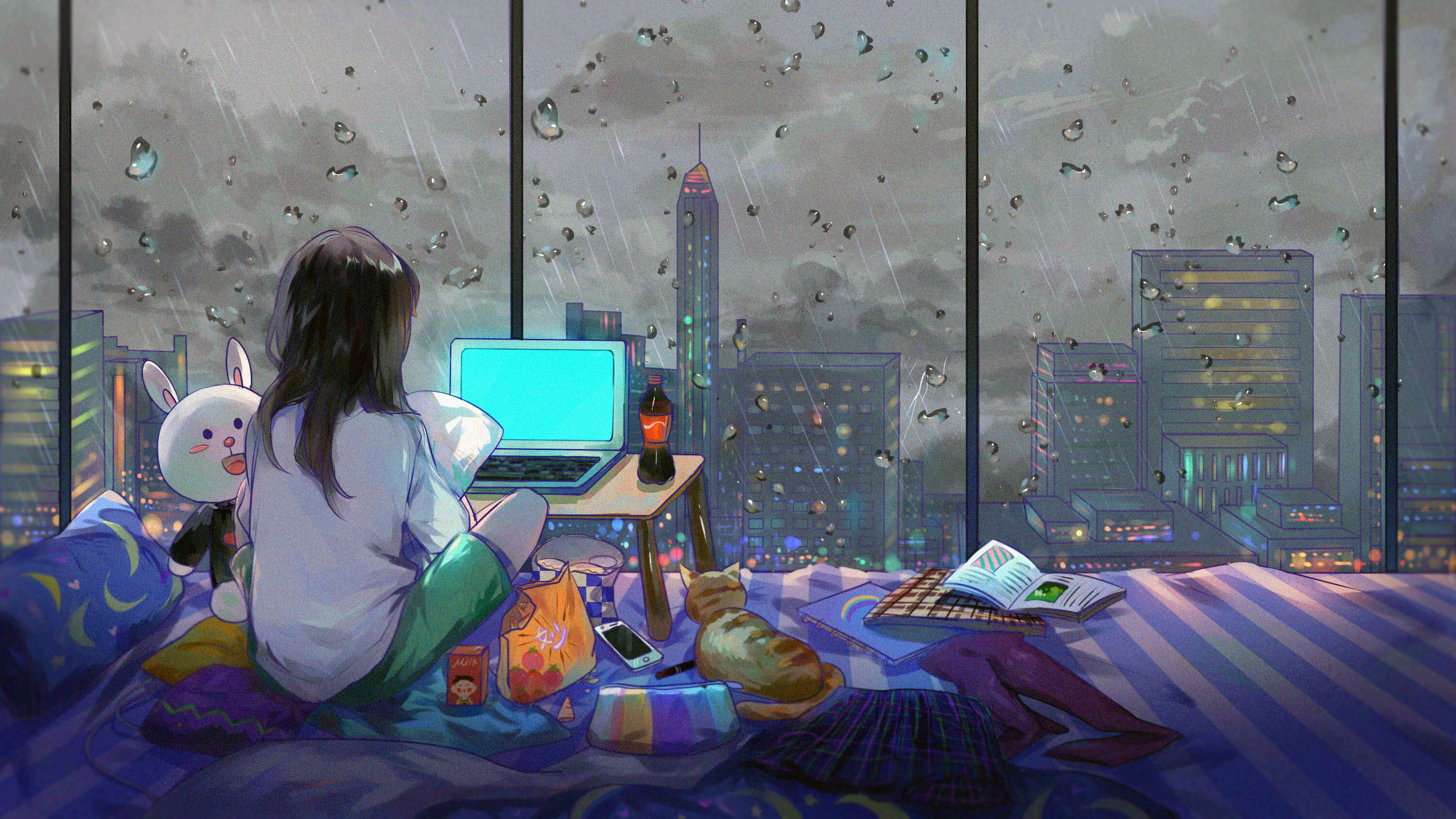Anime girl with laptop and cat on rainy city night HD Wallpaper