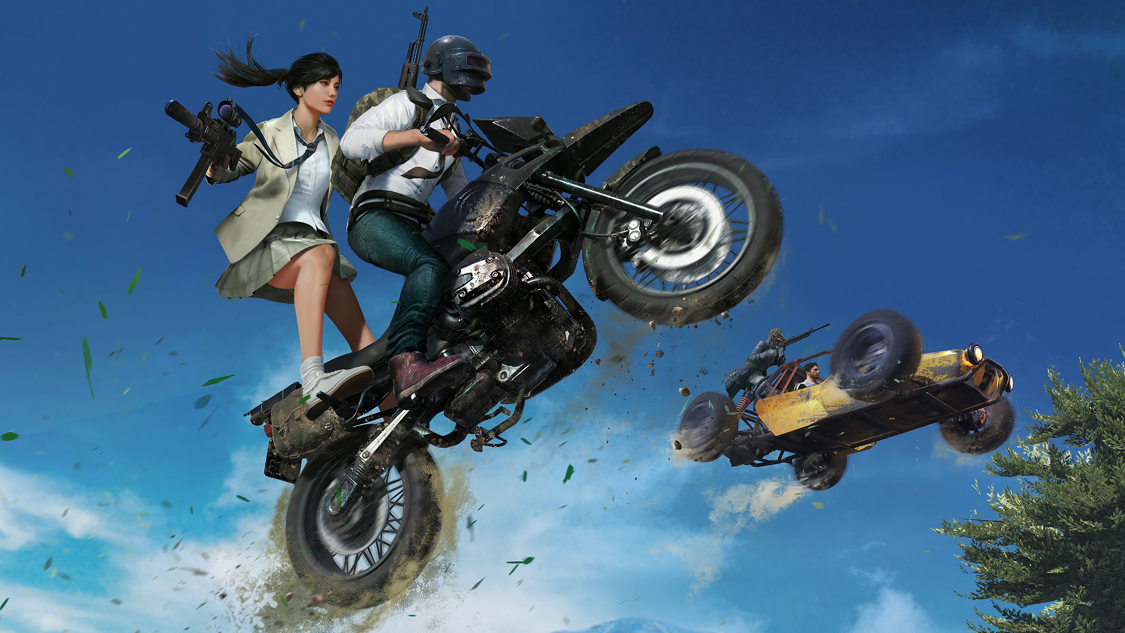PUBG characters performing a stunt on a motorcycle and buggy HD Wallpaper