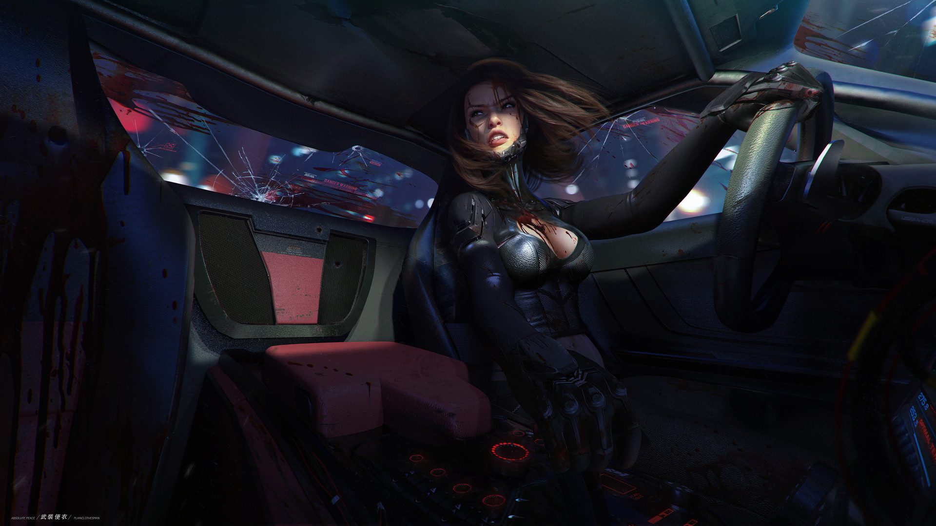 Woman in a futuristic car after a crash HD Wallpaper