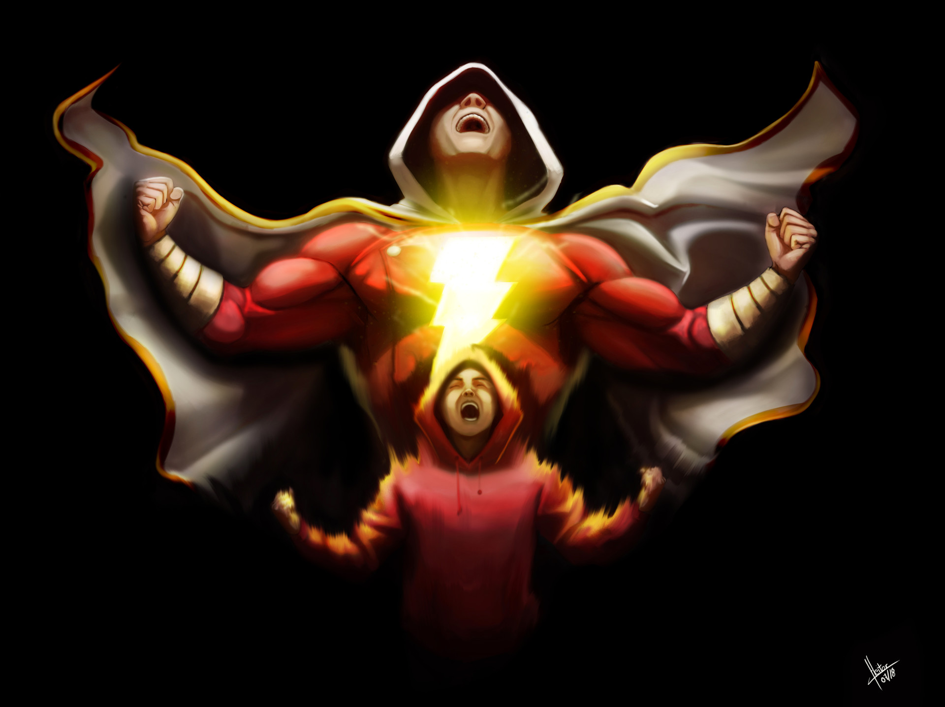 Powerful Shazam with Lightning and Hooded Figure HD Wallpaper