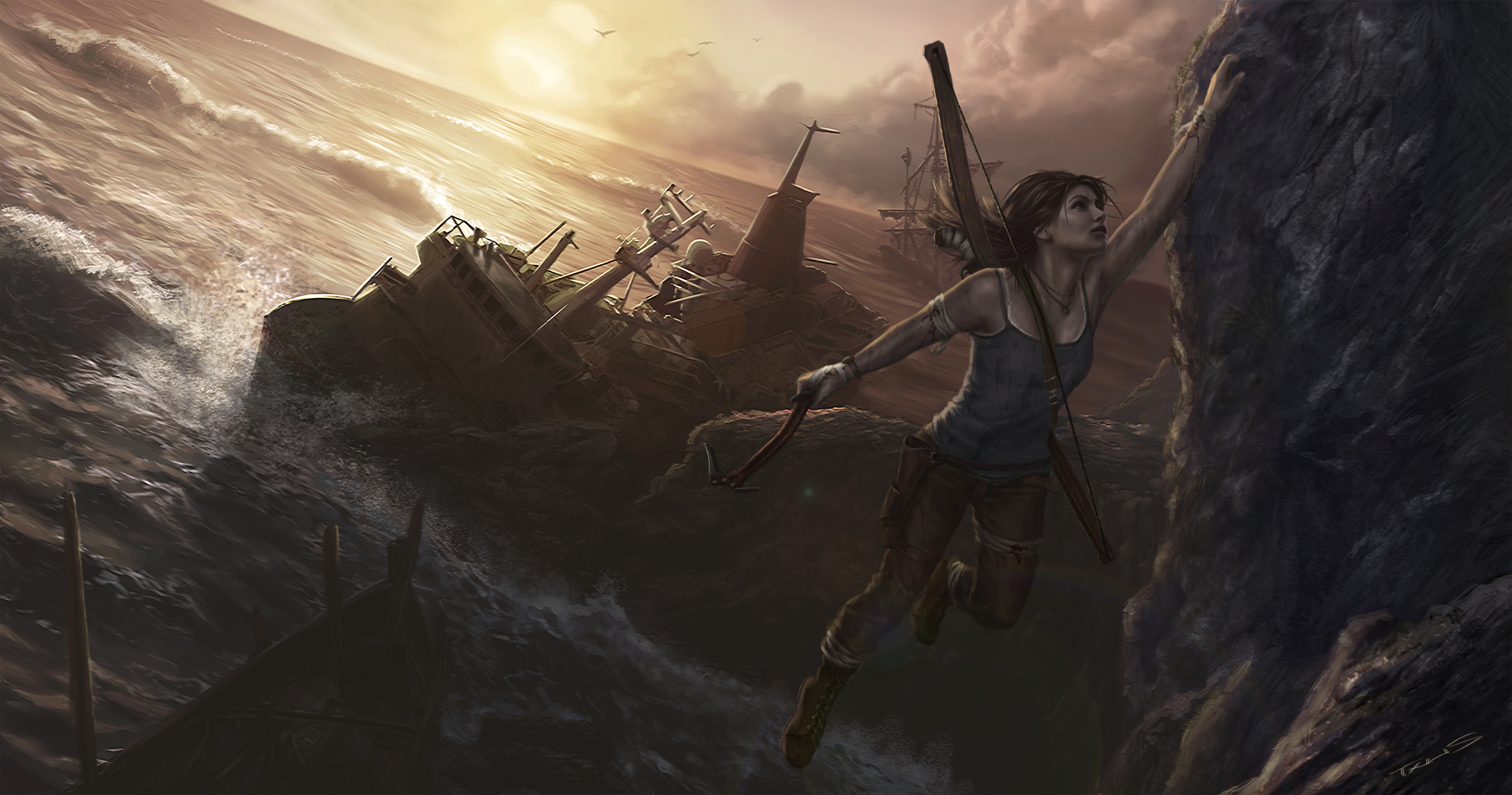 Lara Croft climbing near shipwrecks in rough seas HD Wallpaper