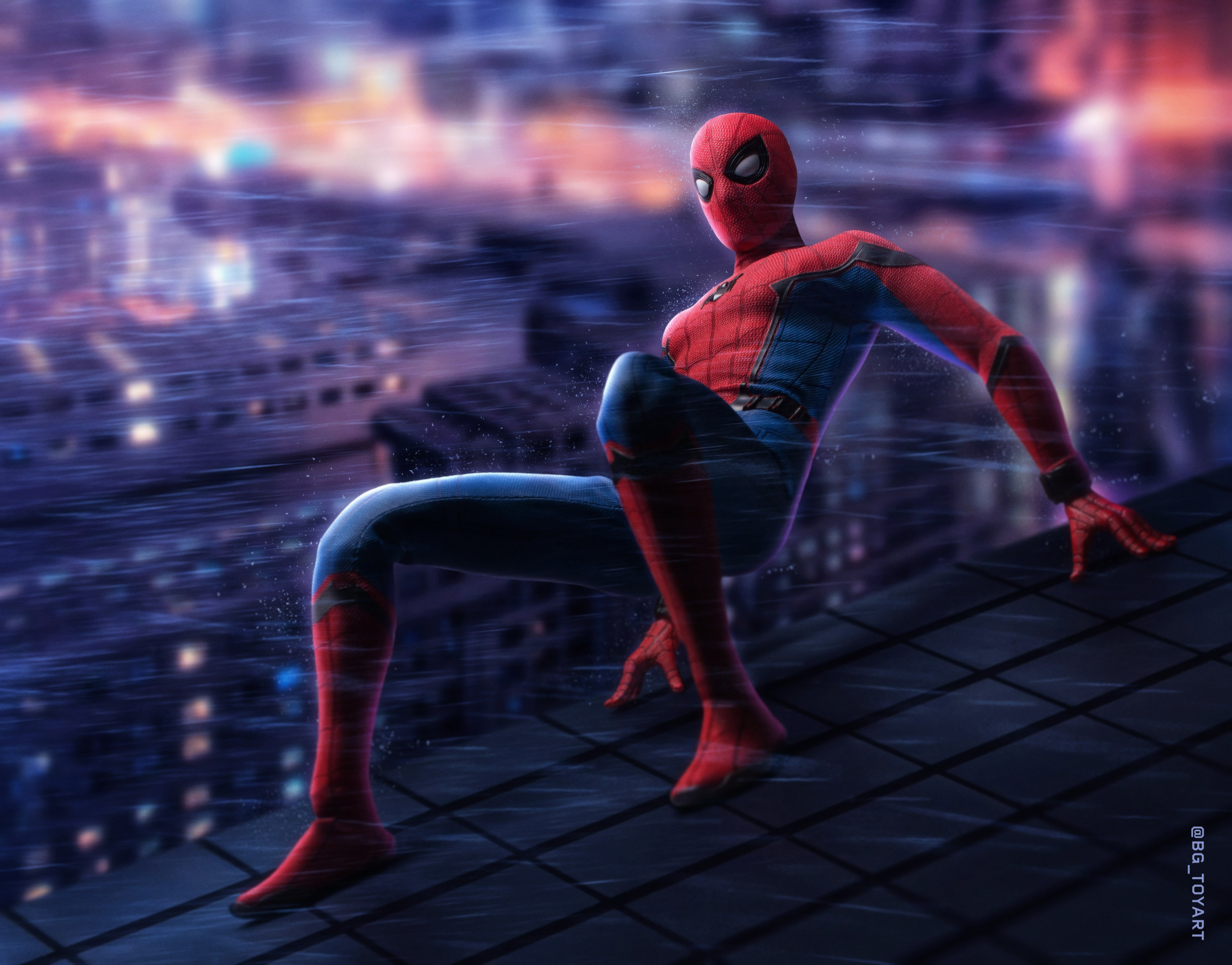 Spider-Man on a rooftop in the rain HD Wallpaper
