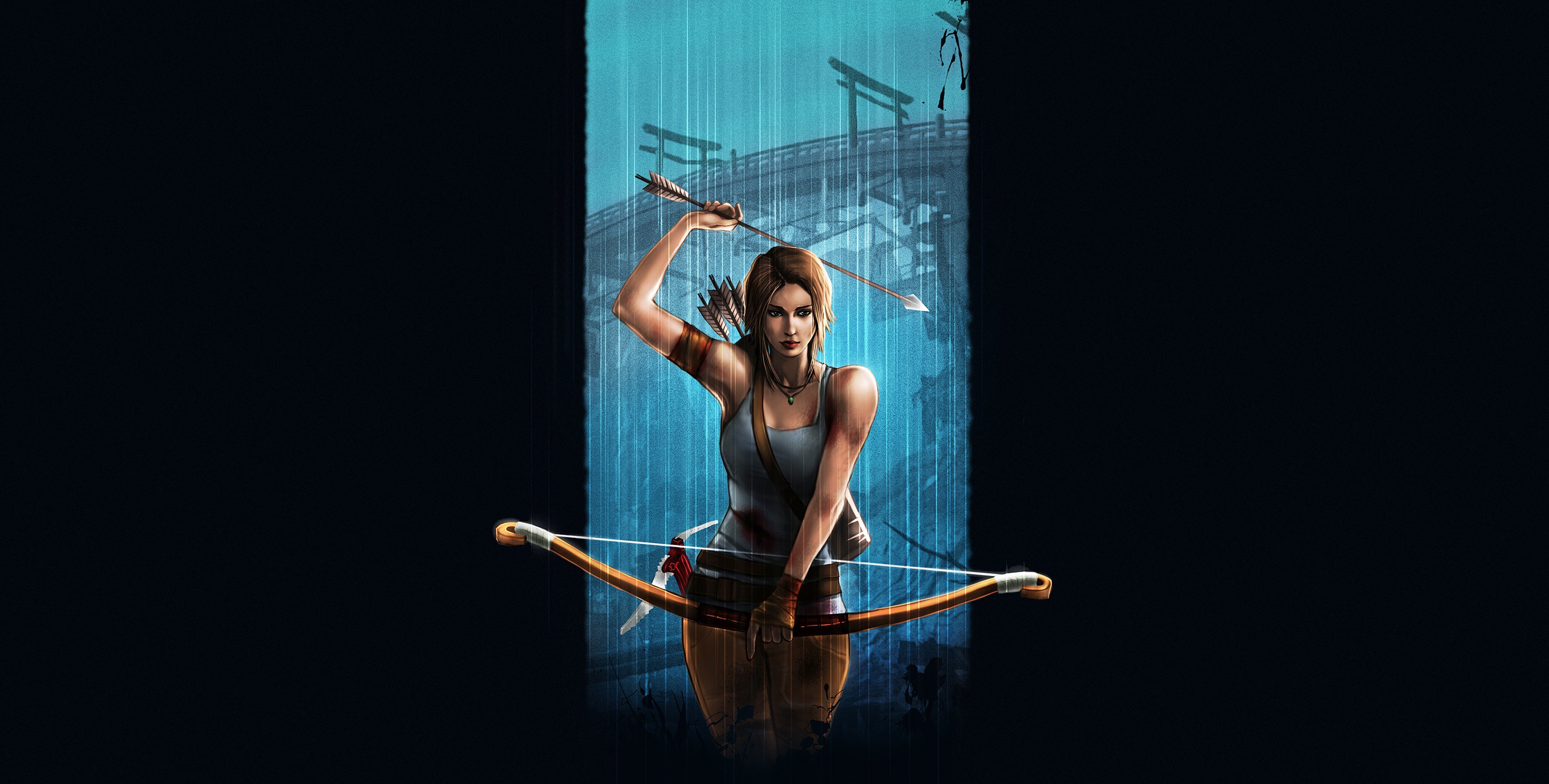 Lara Croft with bow and arrow in the rain HD Wallpaper
