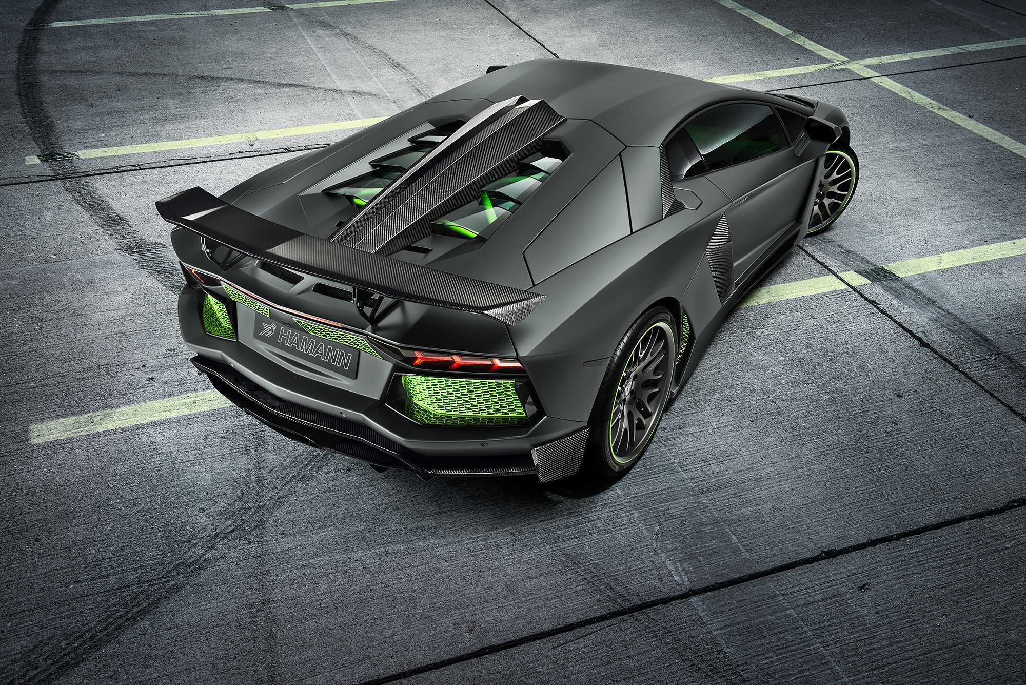 Matte black Hamann Lamborghini Aventador rear view HD Wallpaper