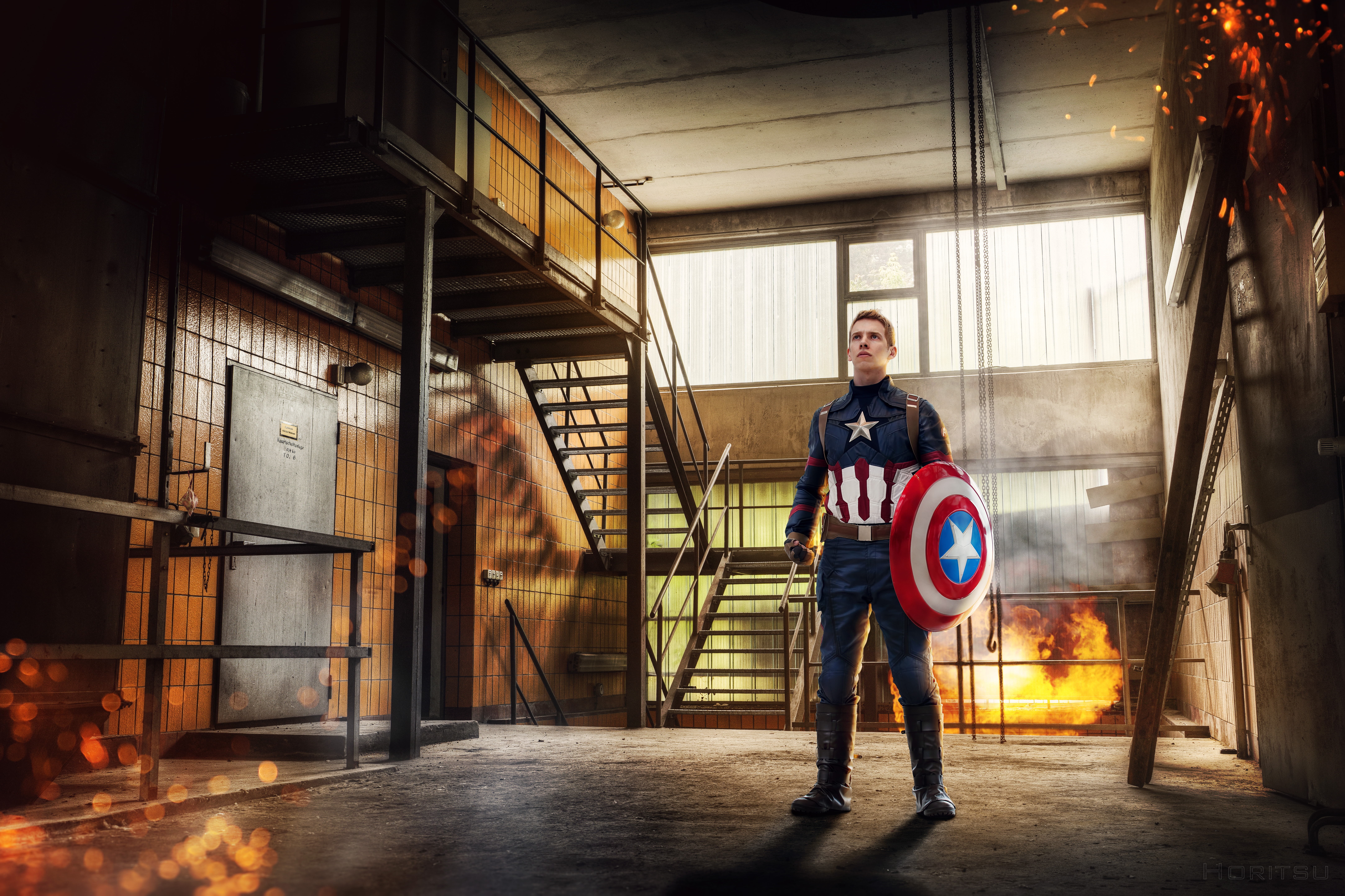 Captain America Cosplay in Industrial Setting HD Wallpaper