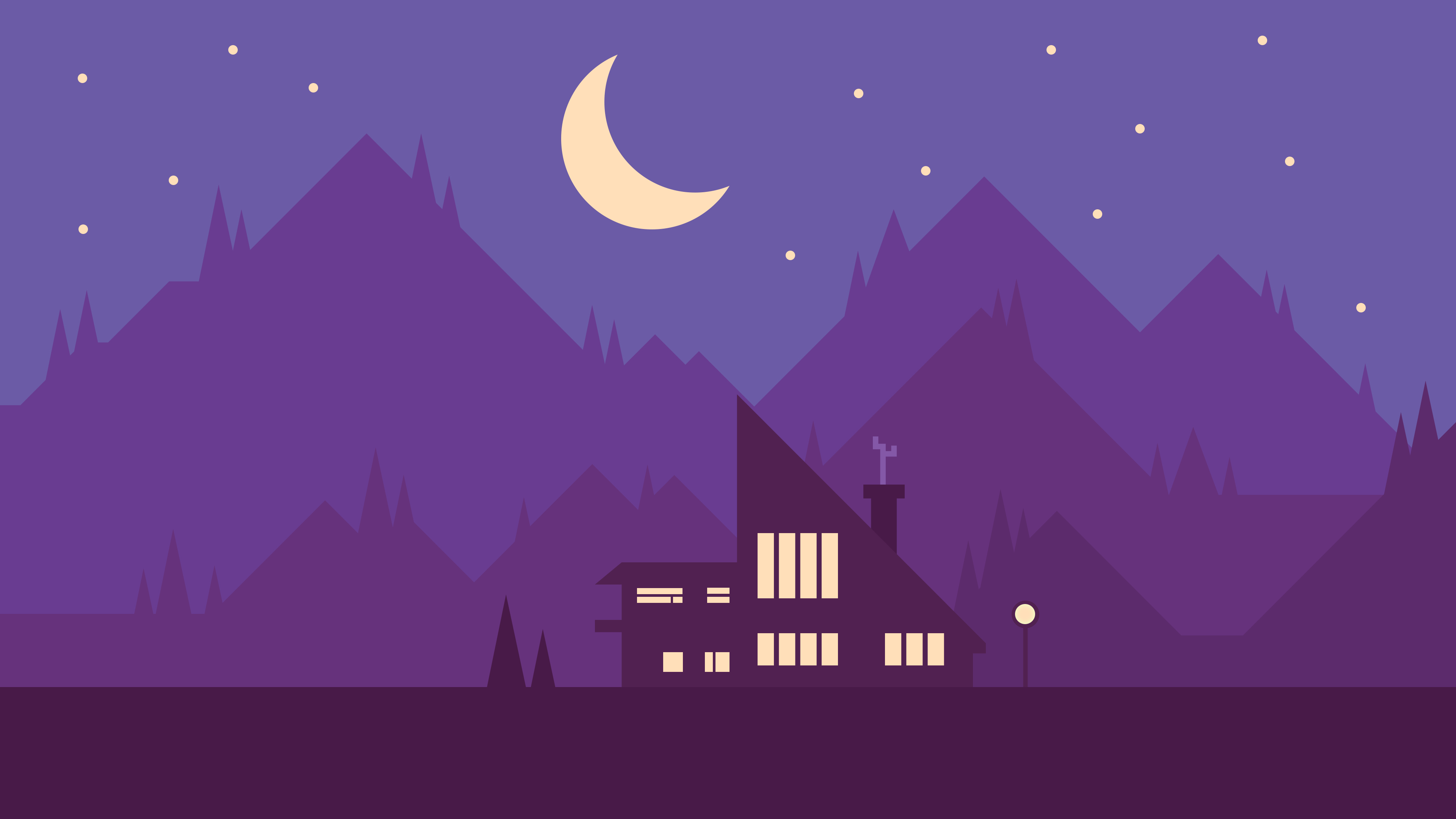 Minimalist Night Landscape with House and Mountains HD Wallpaper