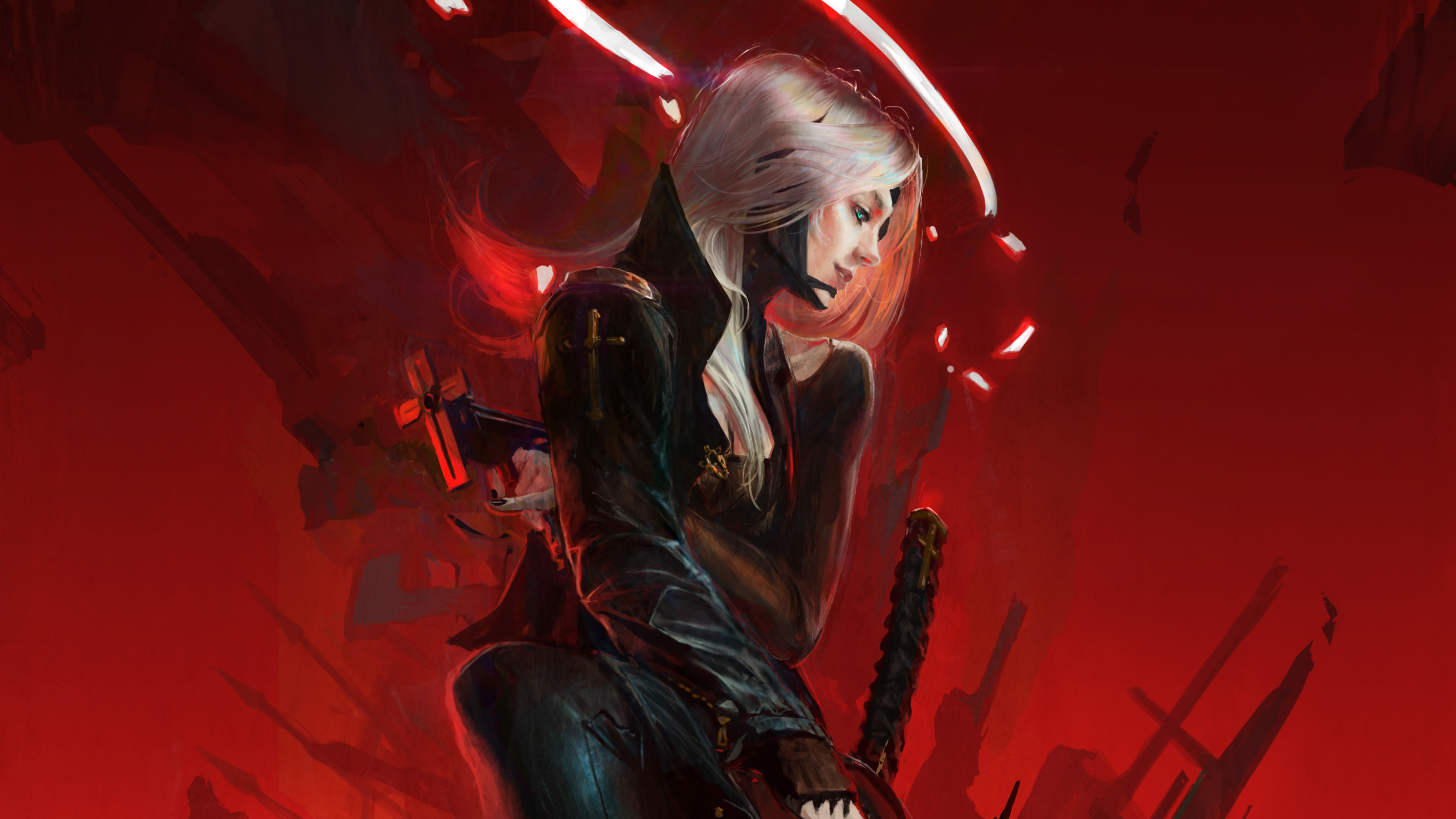 Artwork of a woman with white hair and a sword HD Wallpaper