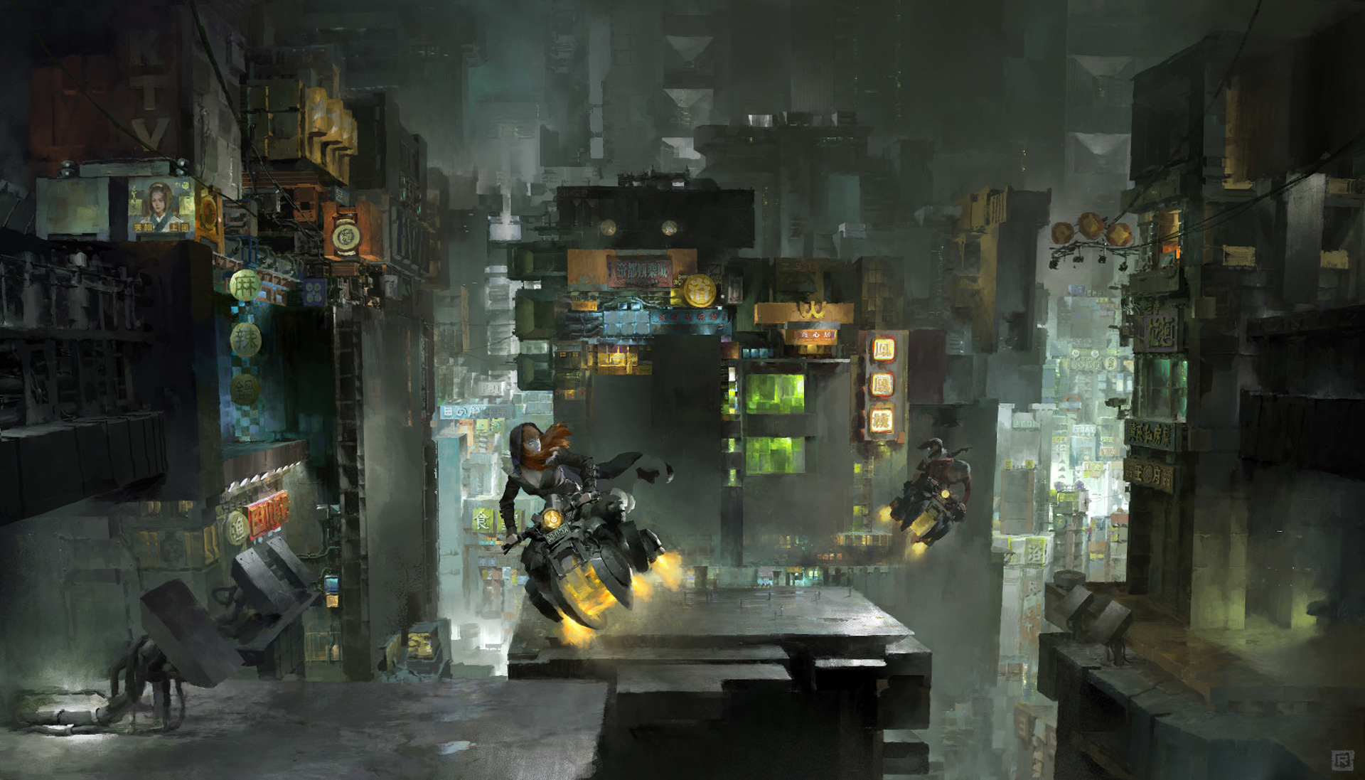 Sci-fi city with riders on hoverbikes HD Wallpaper