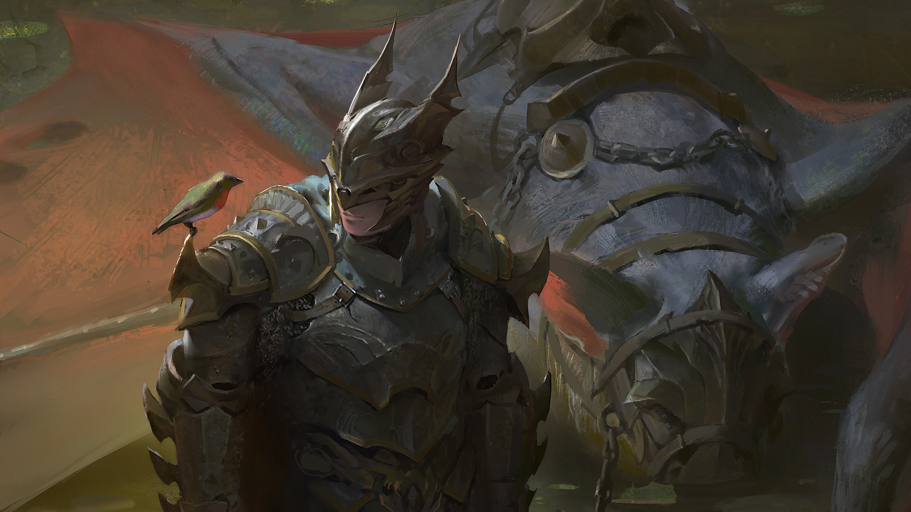 Knight in armor with a bird and a creature HD Wallpaper