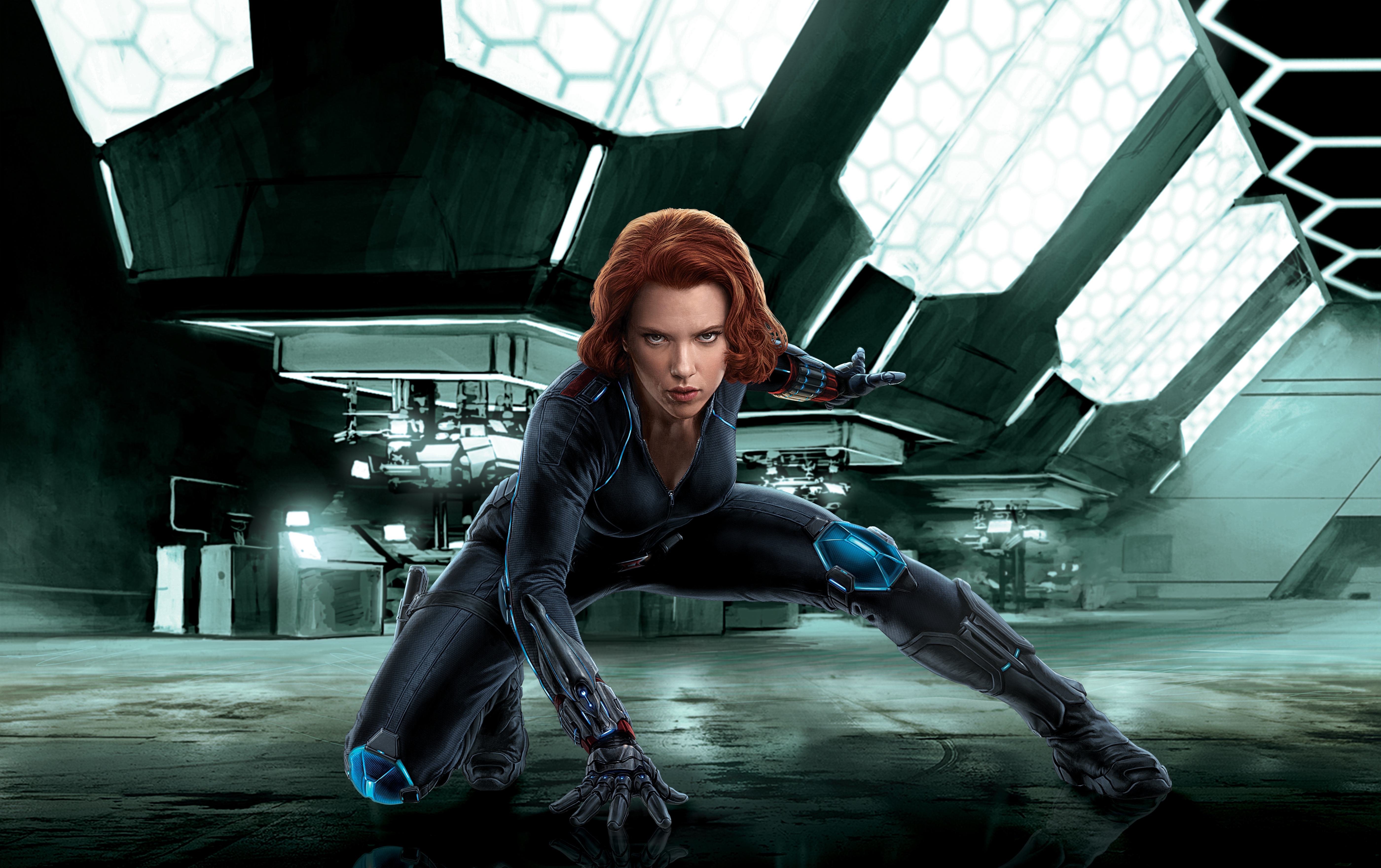 Black Widow in a futuristic hangar HD Wallpaper