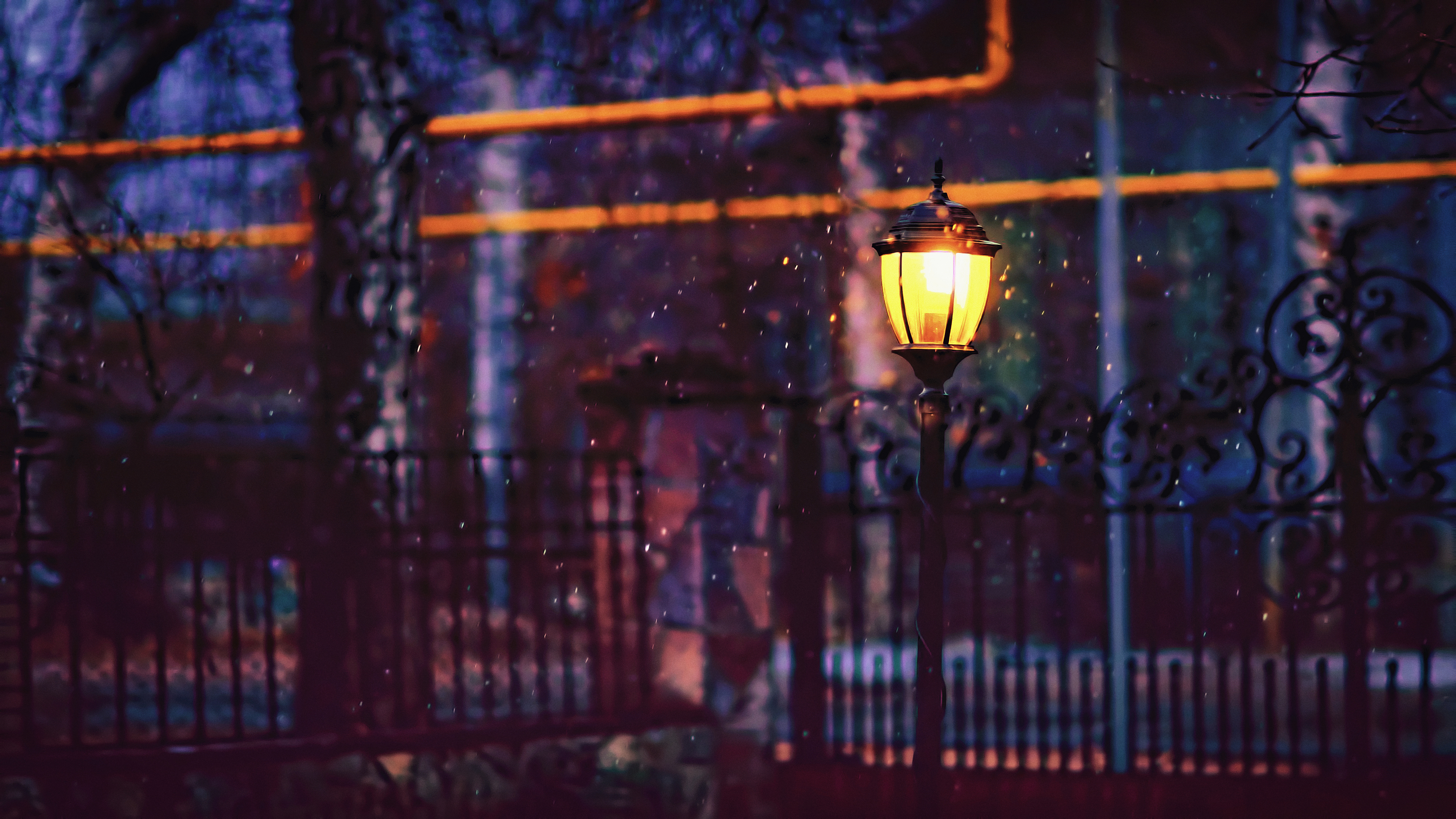 Street lamp in winter with falling snow HD Wallpaper