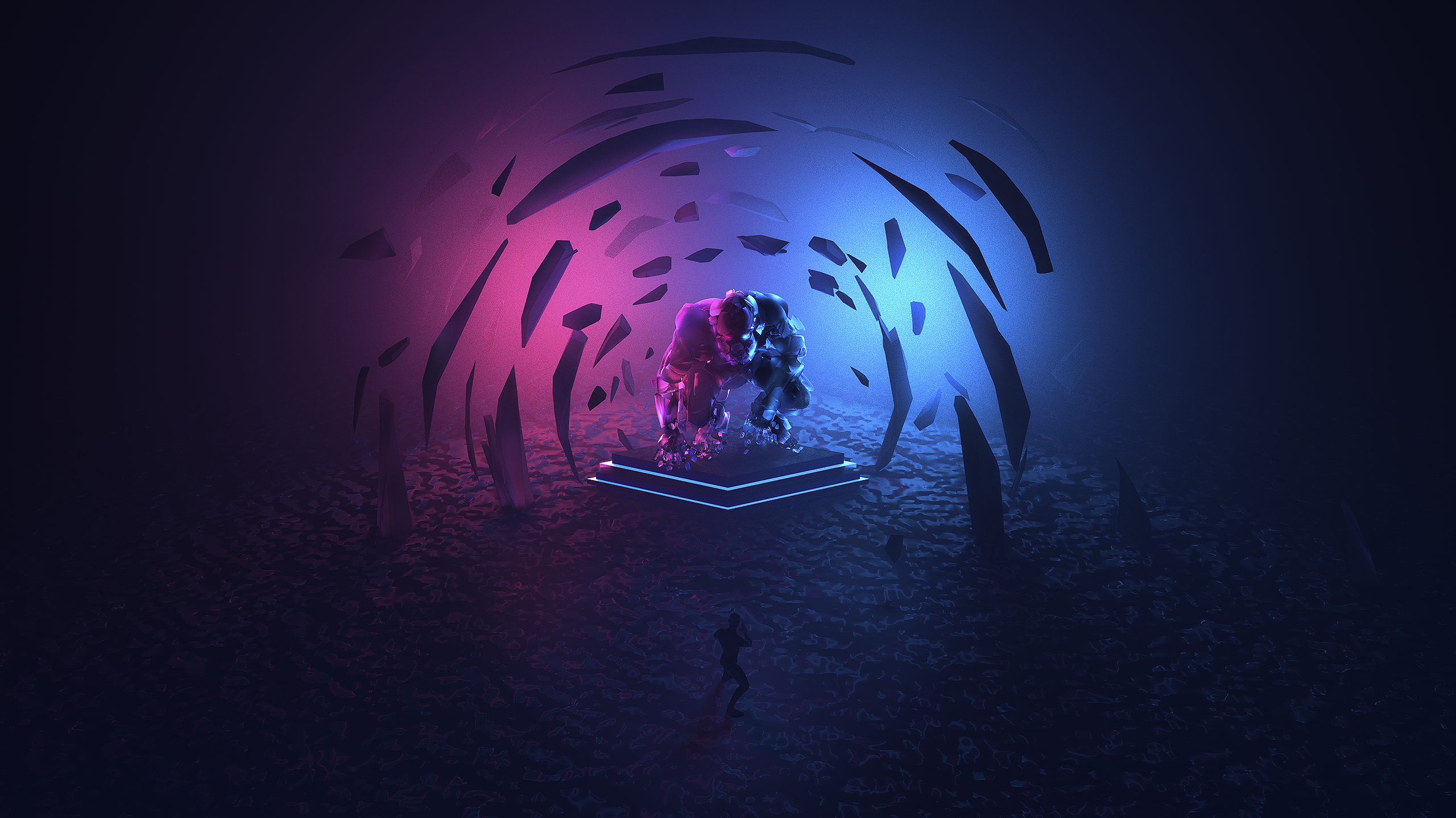 A creature on a platform in a cave with pink and blue lights HD Wallpaper